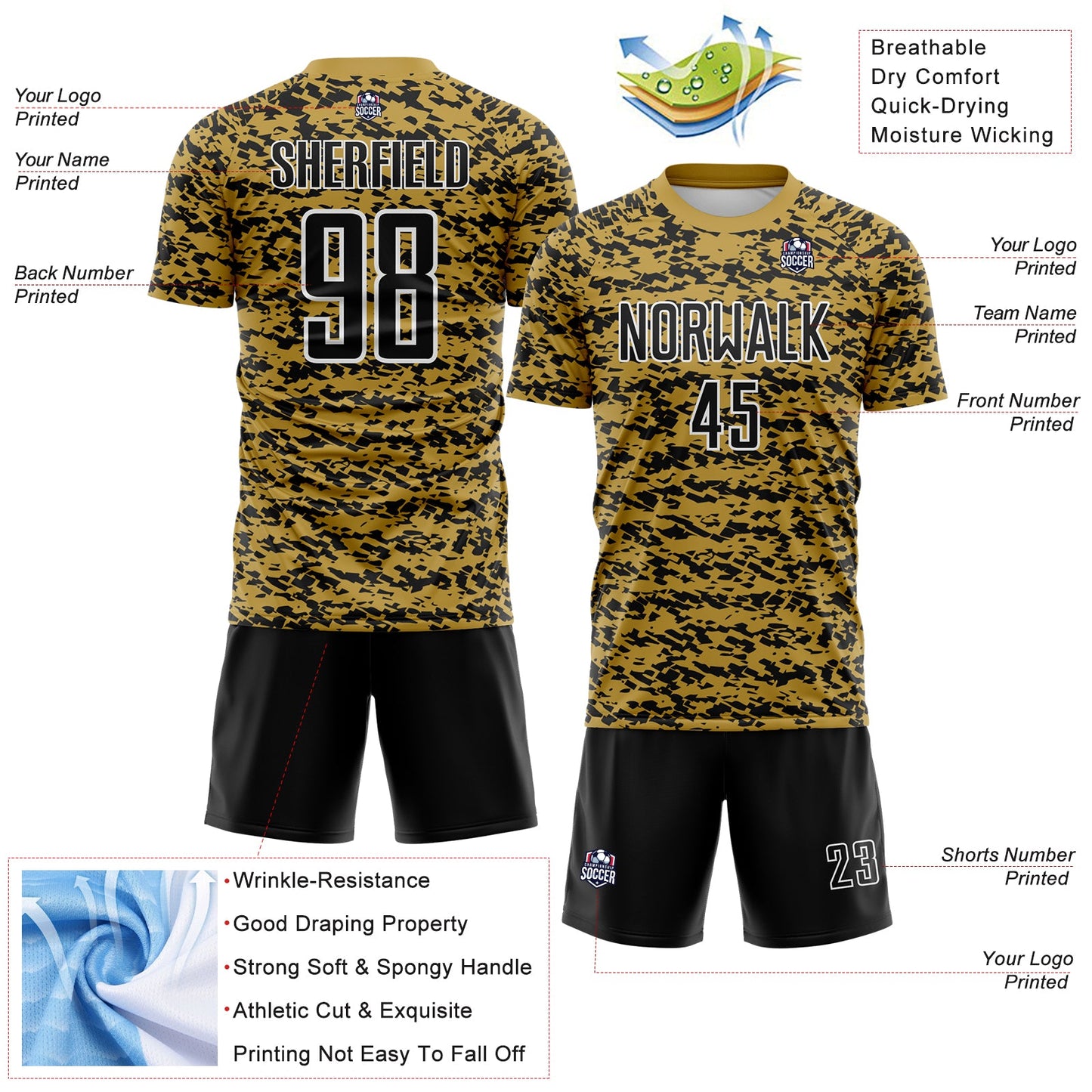 Custom Old Gold Black-White Geometric Fragment Splatter Sublimation Soccer Uniform Jersey view 4