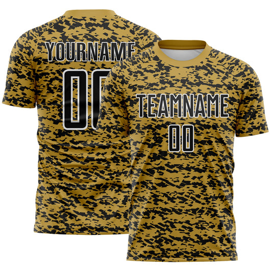 Custom Old Gold Black-White Geometric Fragment Splatter Sublimation Soccer Uniform Jersey - Main View