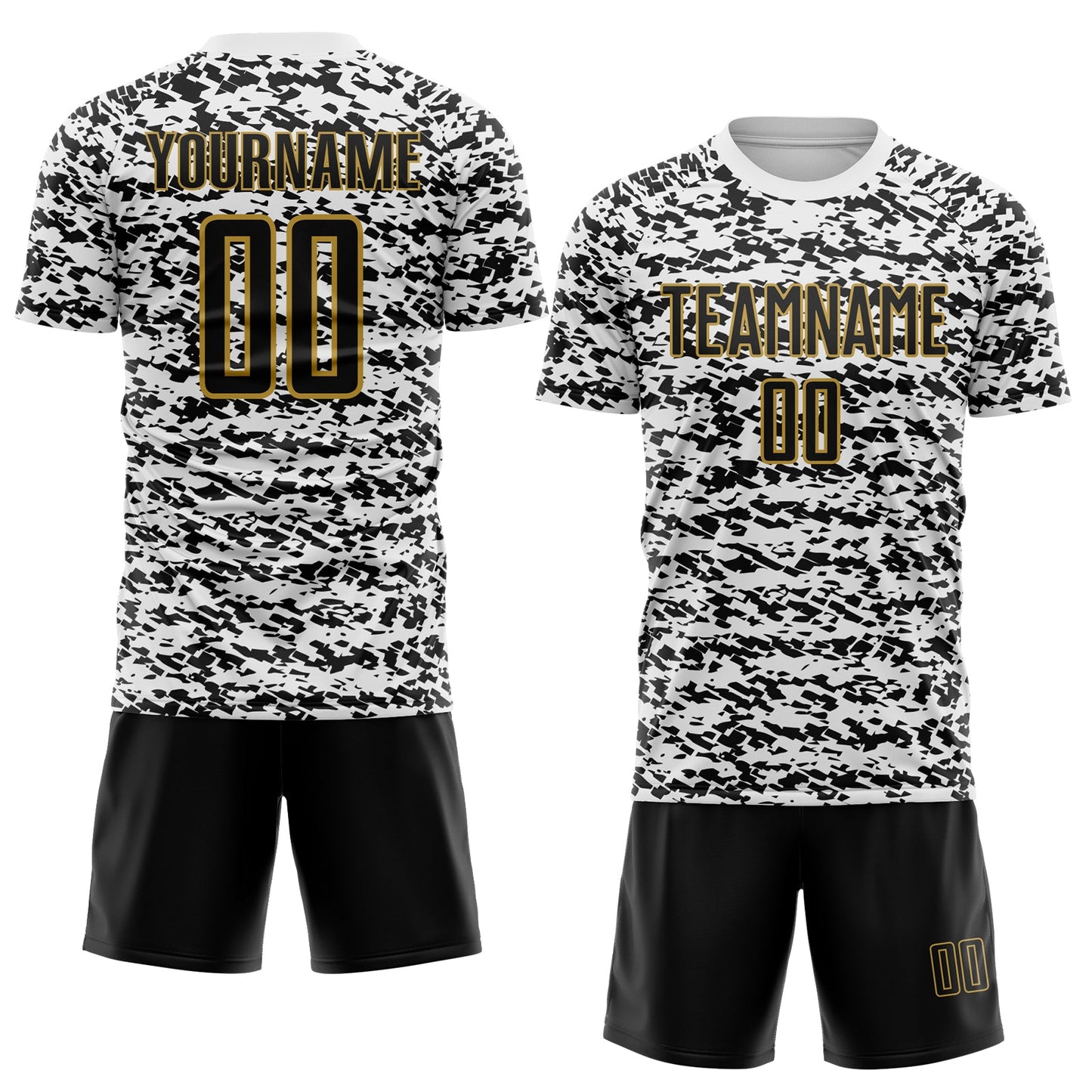 Custom White Black-Old Gold Geometric Fragment Splatter Sublimation Soccer Uniform Jersey view 2