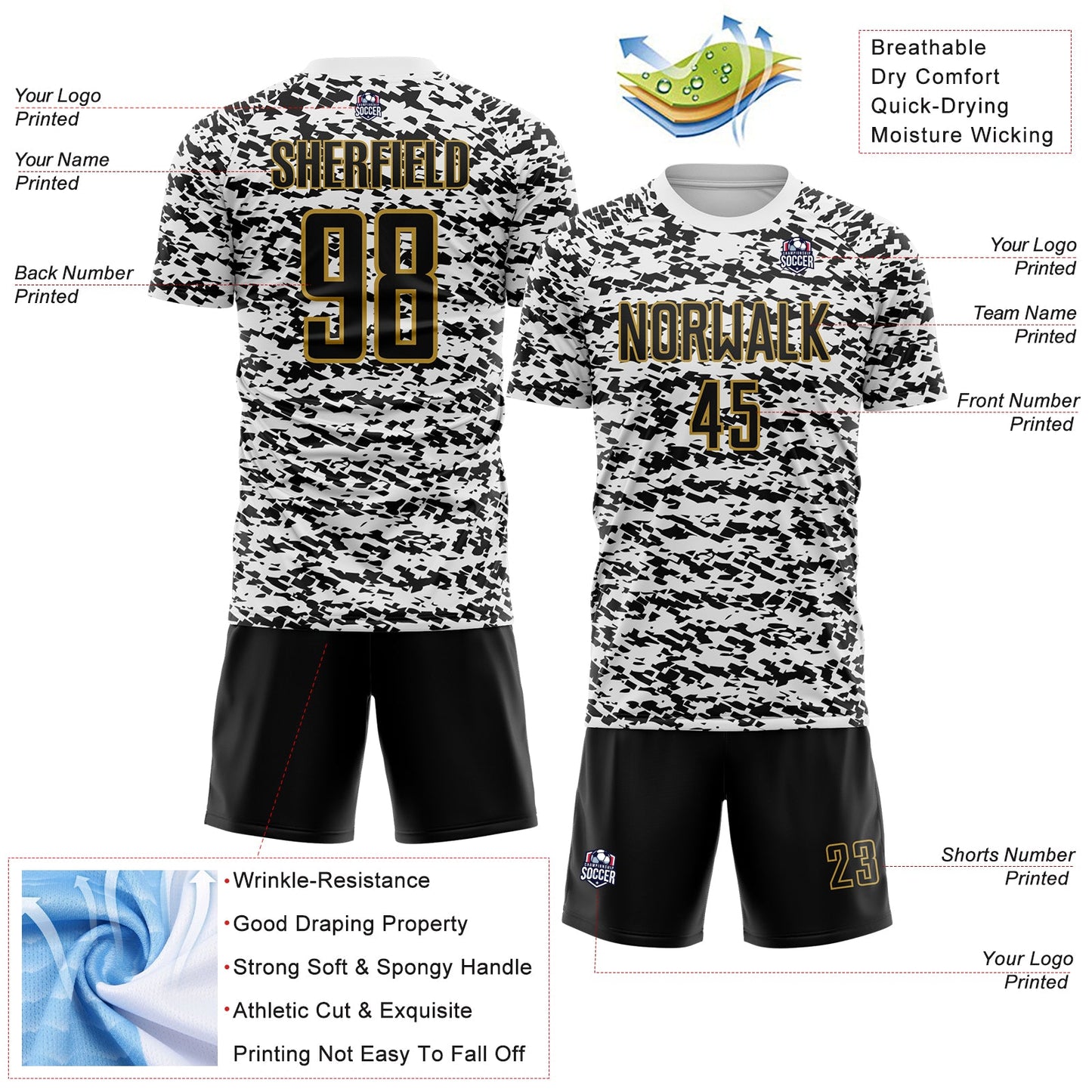Custom White Black-Old Gold Geometric Fragment Splatter Sublimation Soccer Uniform Jersey view 4