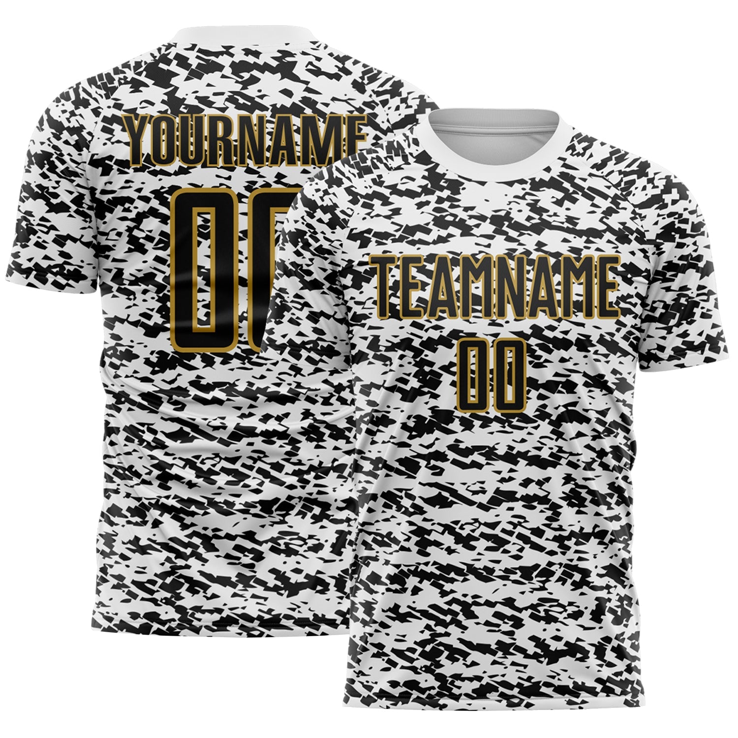 Custom White Black-Old Gold Geometric Fragment Splatter Sublimation Soccer Uniform Jersey - Main View