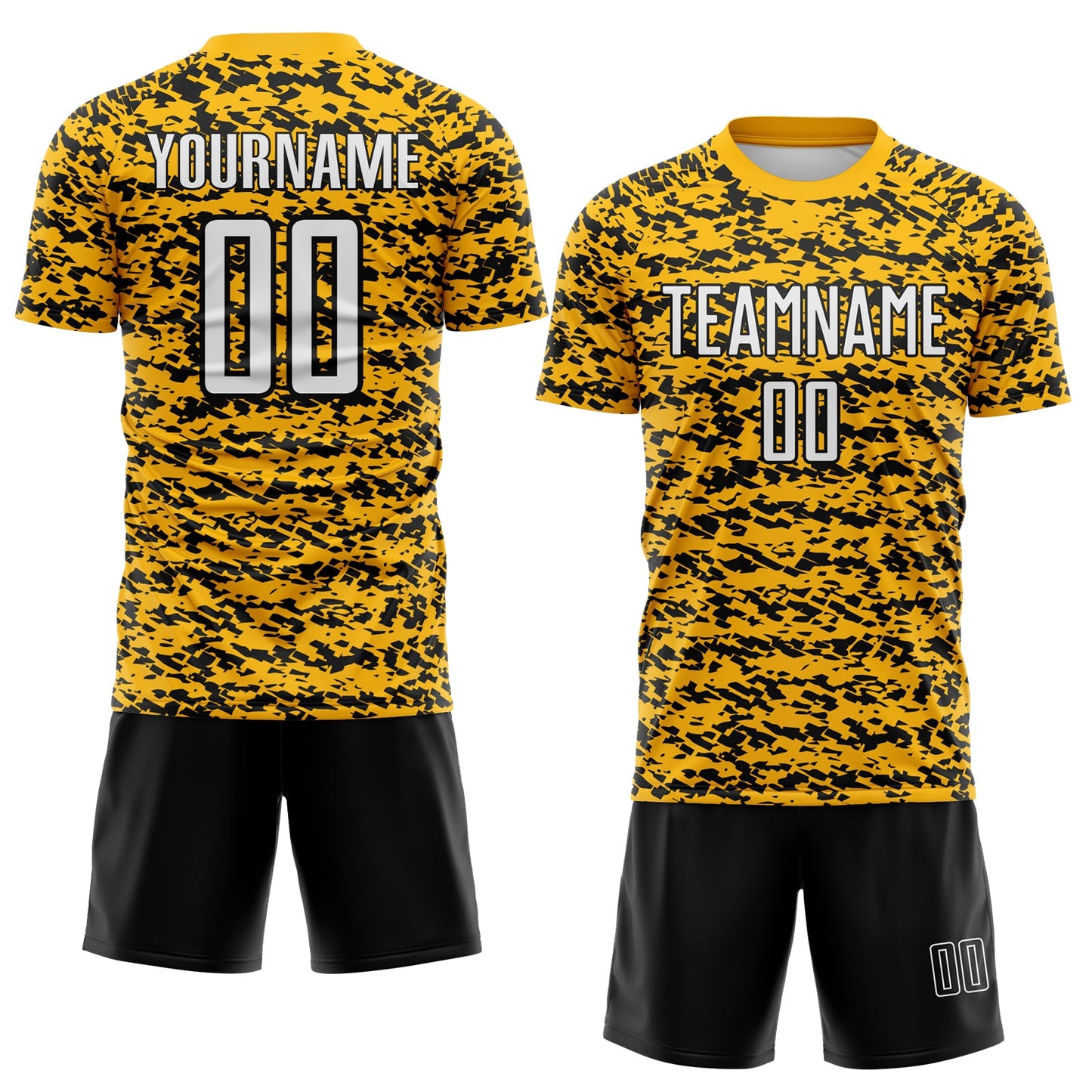 Custom Gold White-Black Geometric Fragment Splatter Sublimation Soccer Uniform Jersey view 2