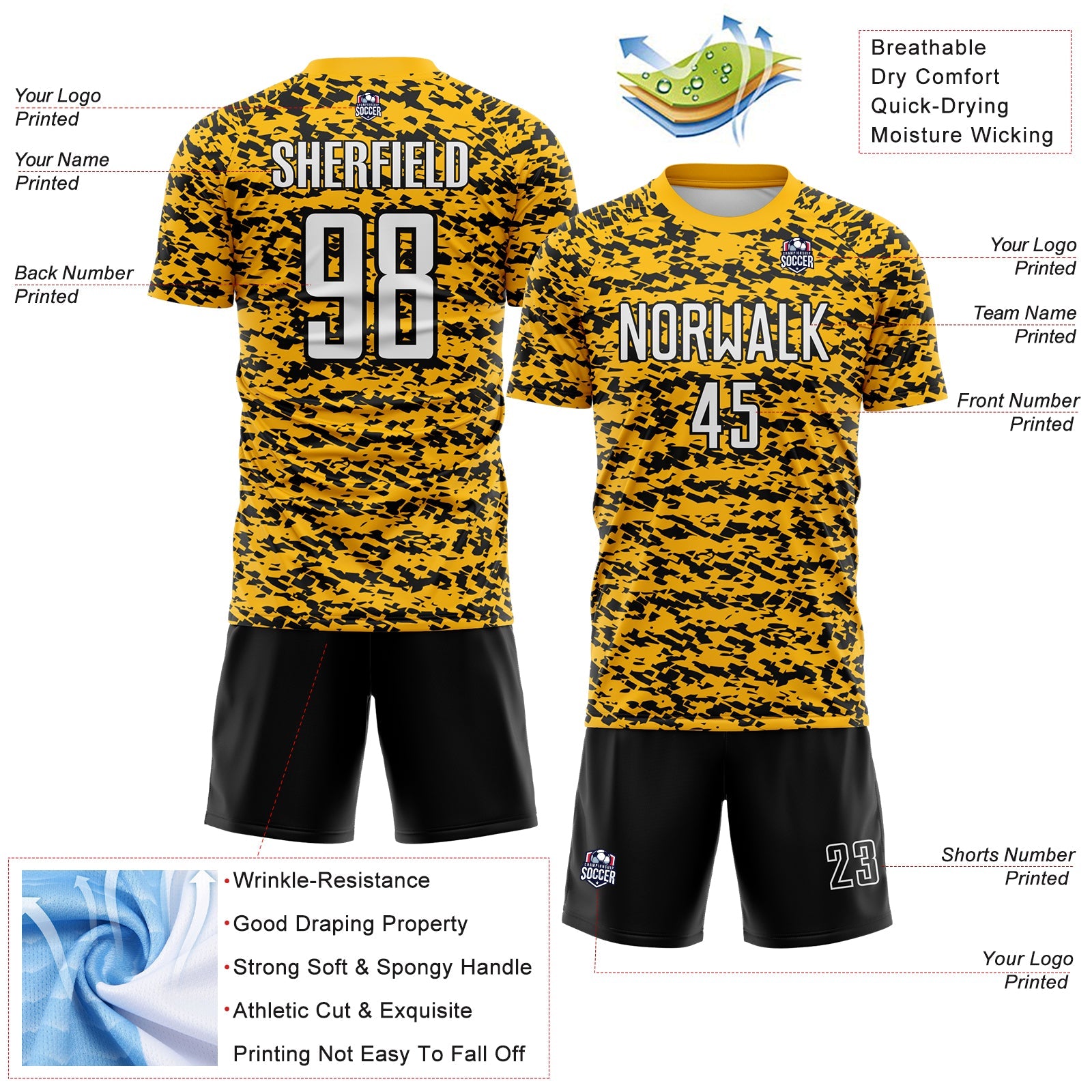 Custom Gold White-Black Geometric Fragment Splatter Sublimation Soccer Uniform Jersey view 4