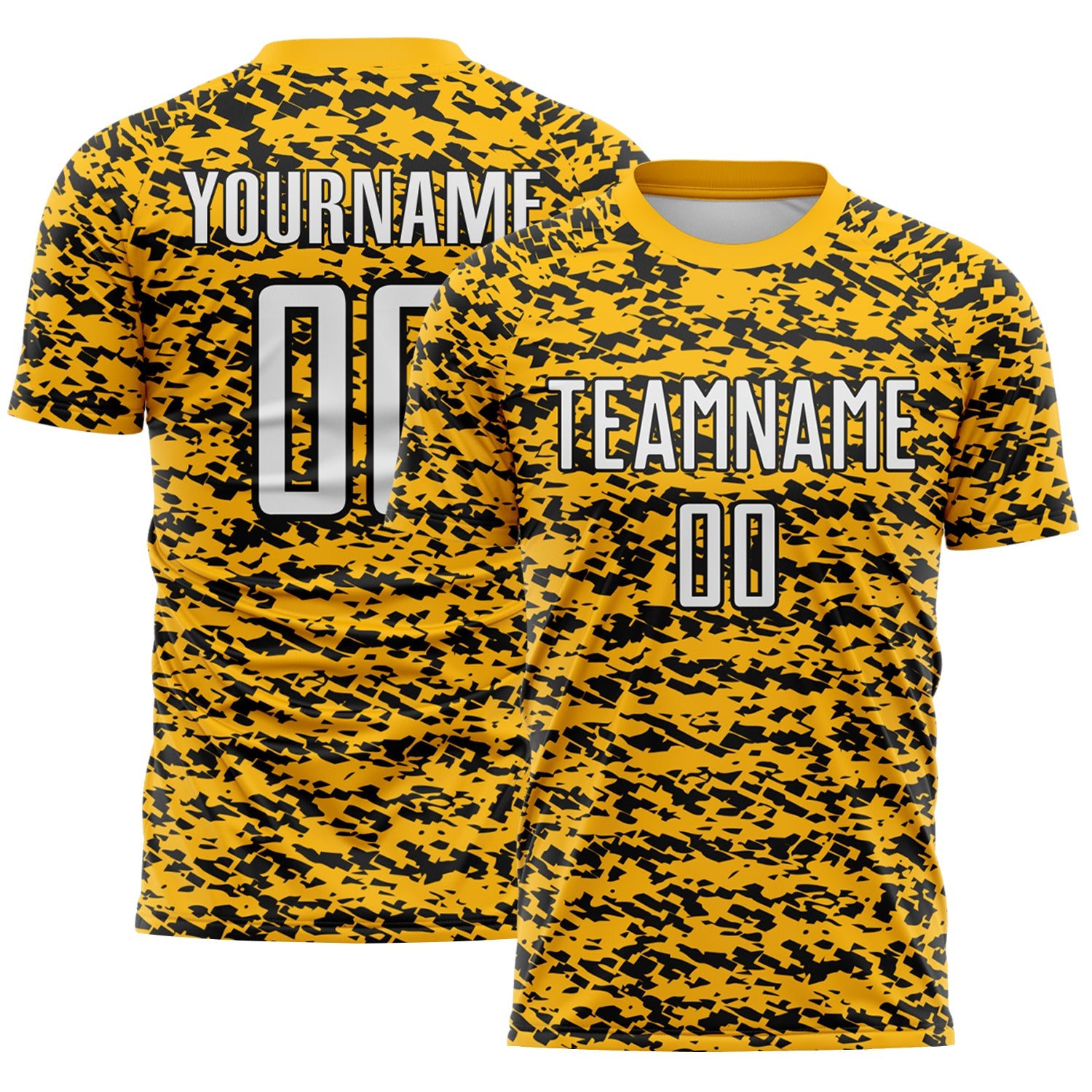Custom Gold White-Black Geometric Fragment Splatter Sublimation Soccer Uniform Jersey - Main View