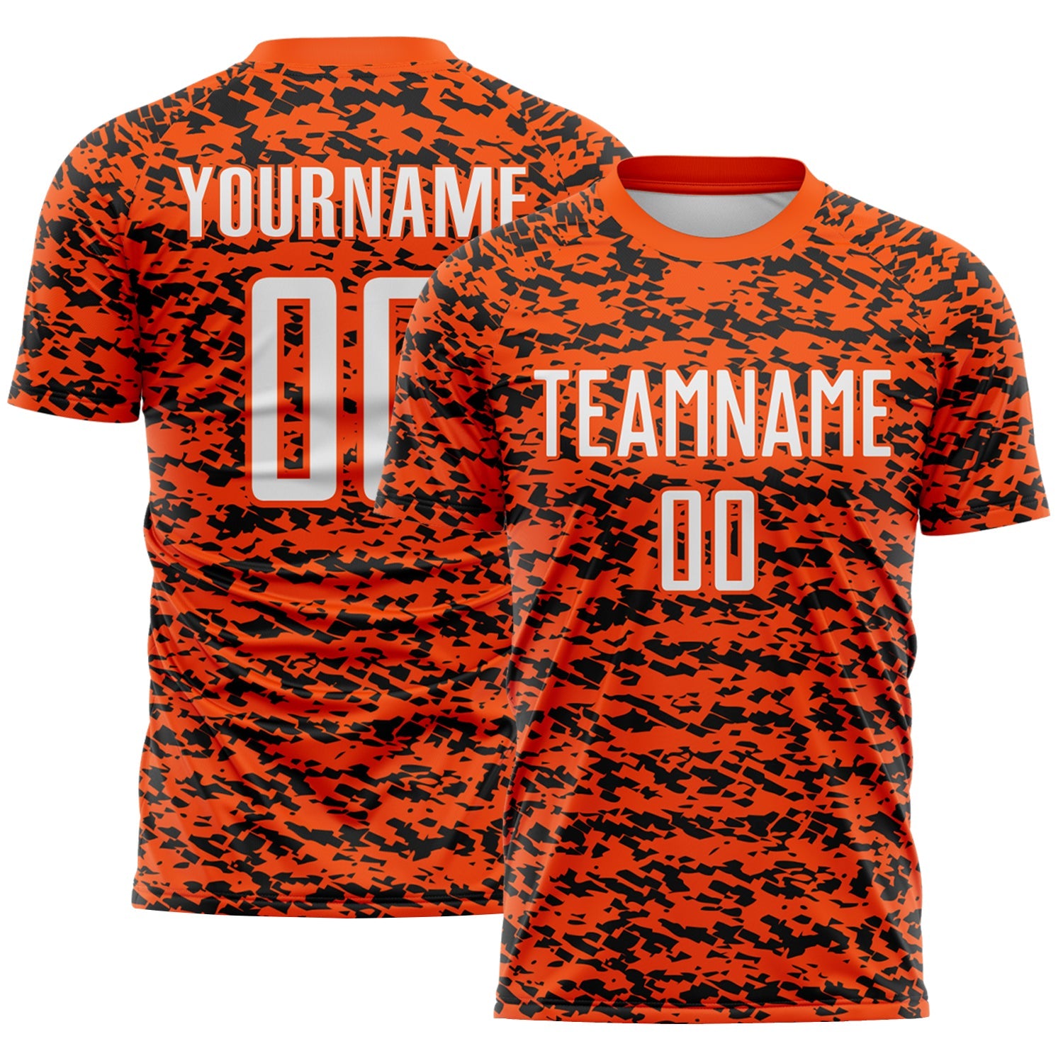 Custom Orange White-Black Geometric Fragment Splatter Sublimation Soccer Uniform Jersey - Main View