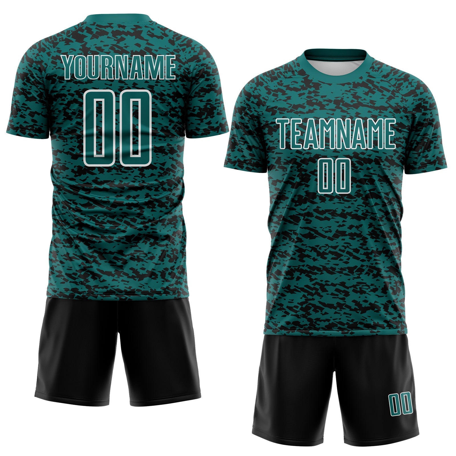 Custom Teal Black-White Geometric Fragment Splatter Sublimation Soccer Uniform Jersey view 2