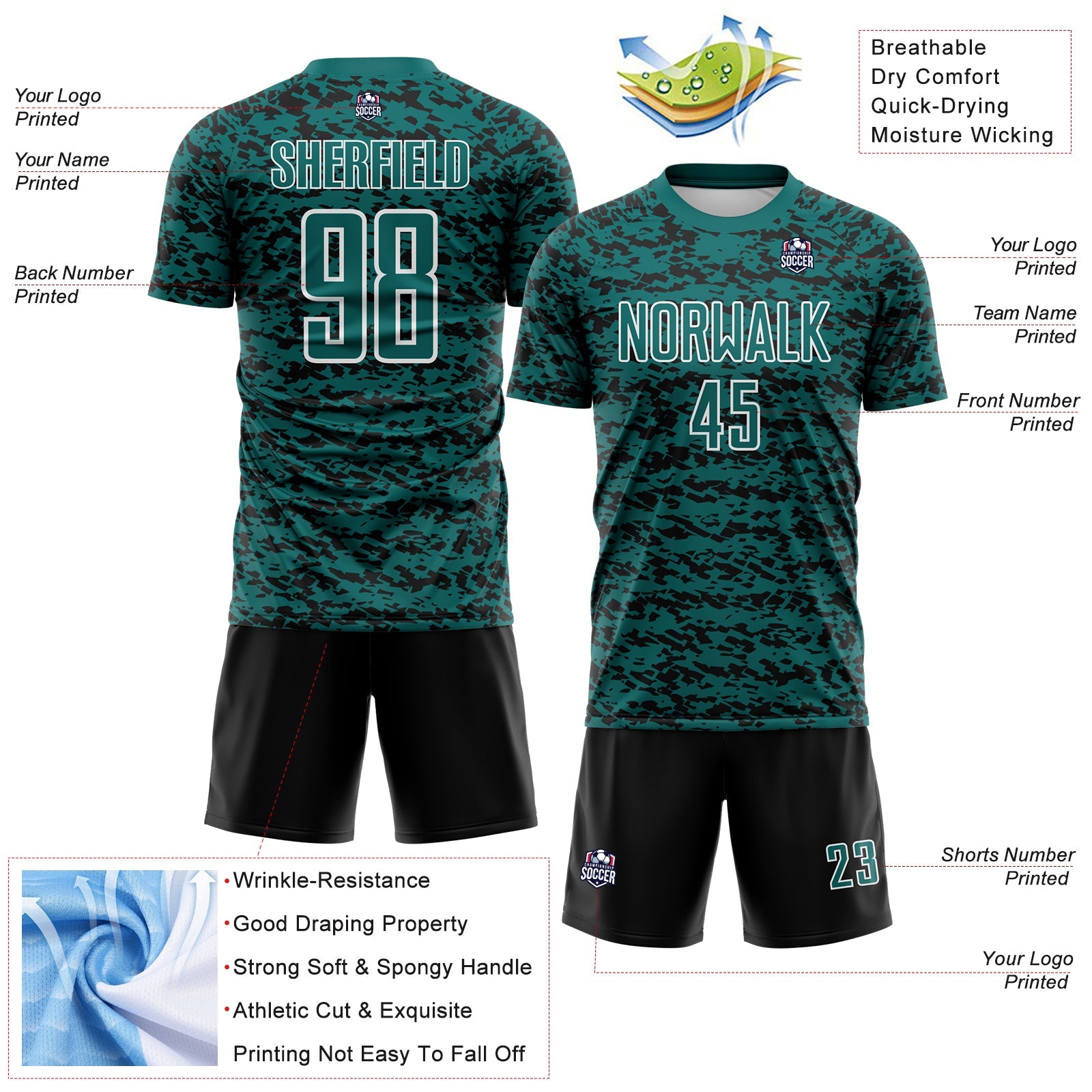 Custom Teal Black-White Geometric Fragment Splatter Sublimation Soccer Uniform Jersey view 4
