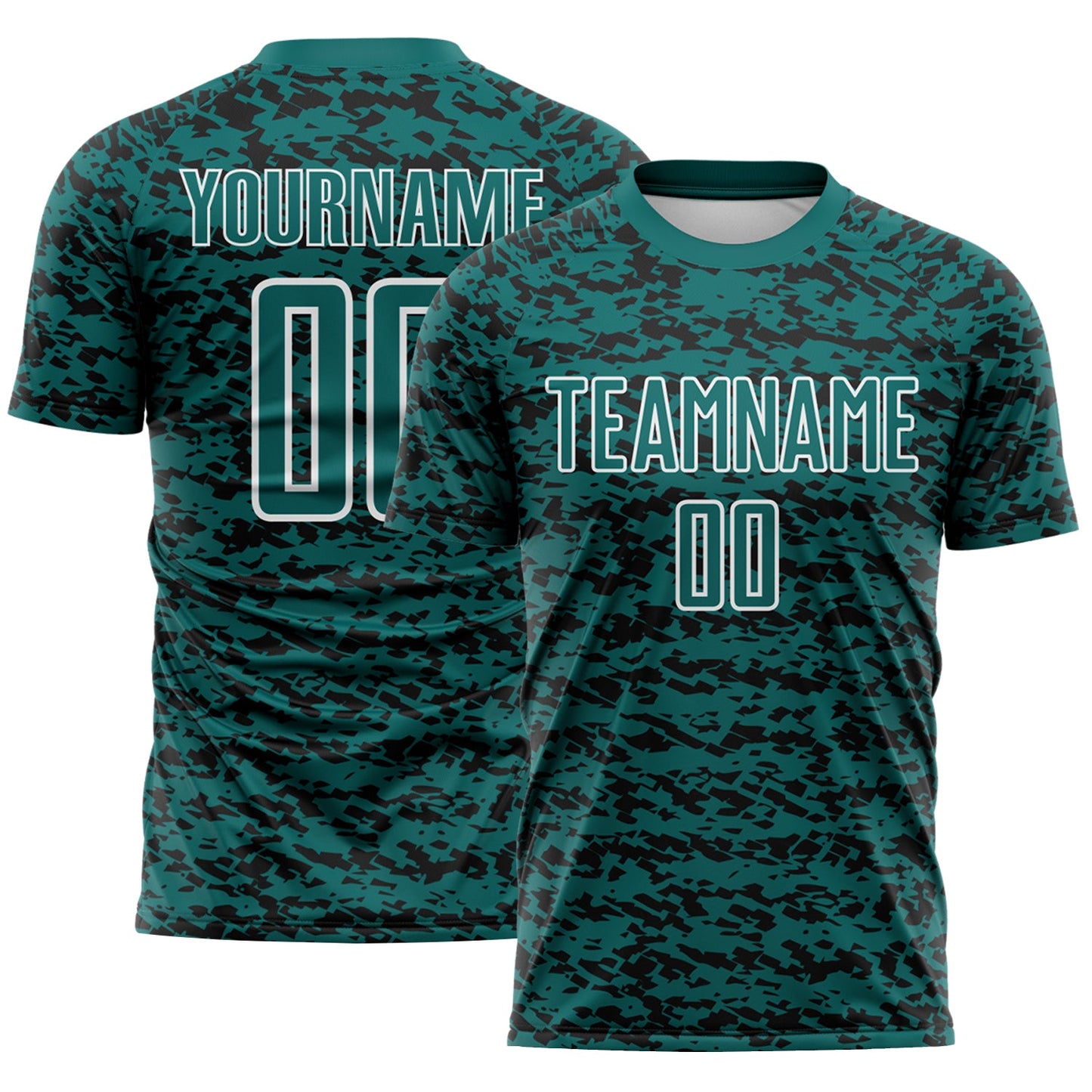 Custom Teal Black-White Geometric Fragment Splatter Sublimation Soccer Uniform Jersey - Main View