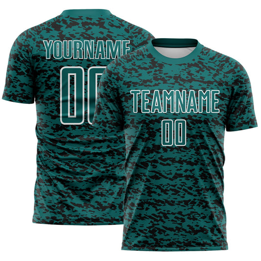 Custom Teal Black-White Geometric Fragment Splatter Sublimation Soccer Uniform Jersey - Main View