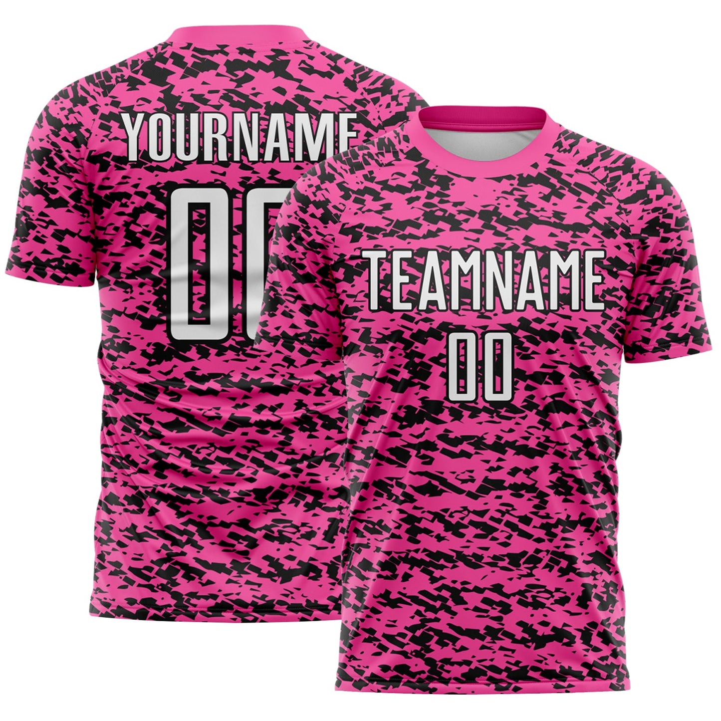 Custom Pink White-Black Geometric Fragment Splatter Sublimation Soccer Uniform Jersey - Main View