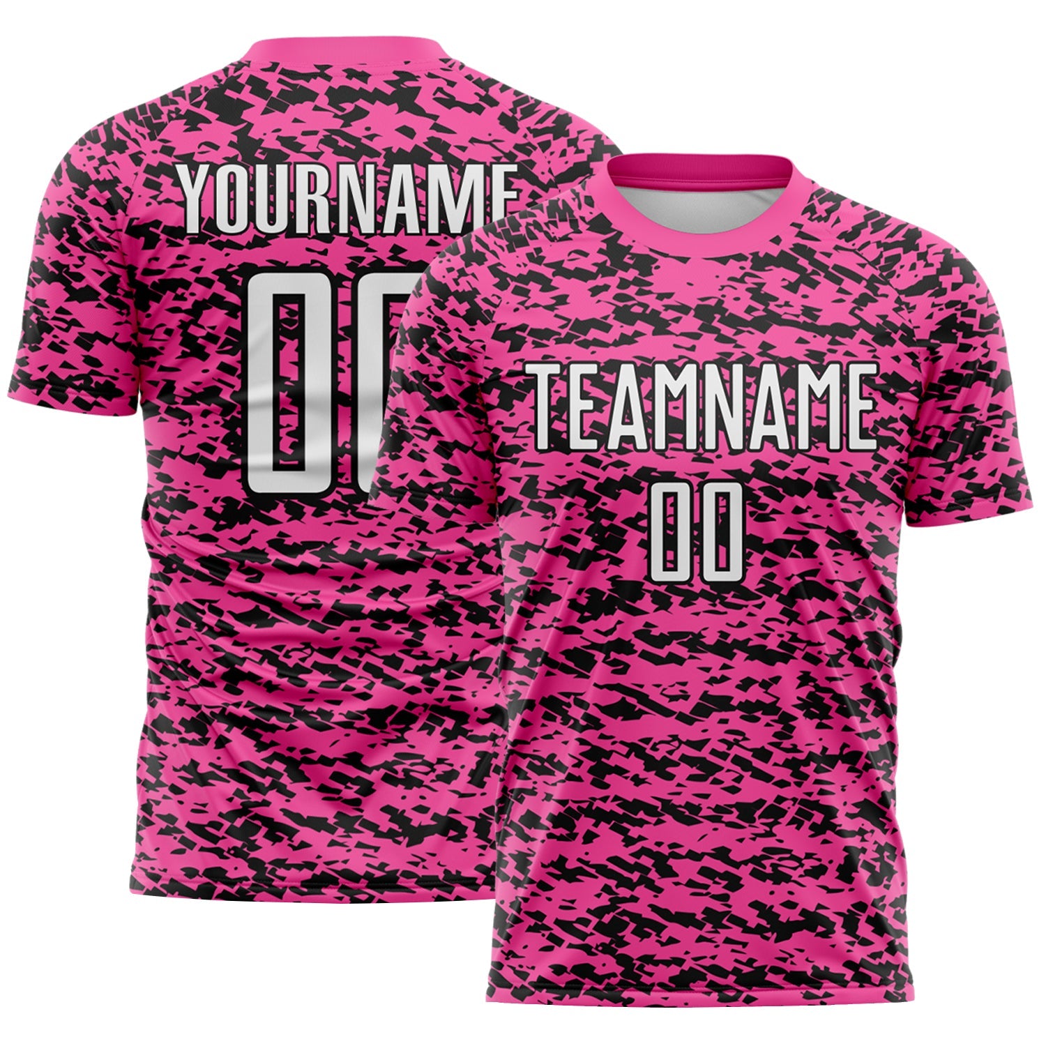 Custom Pink White-Black Geometric Fragment Splatter Sublimation Soccer Uniform Jersey - Main View