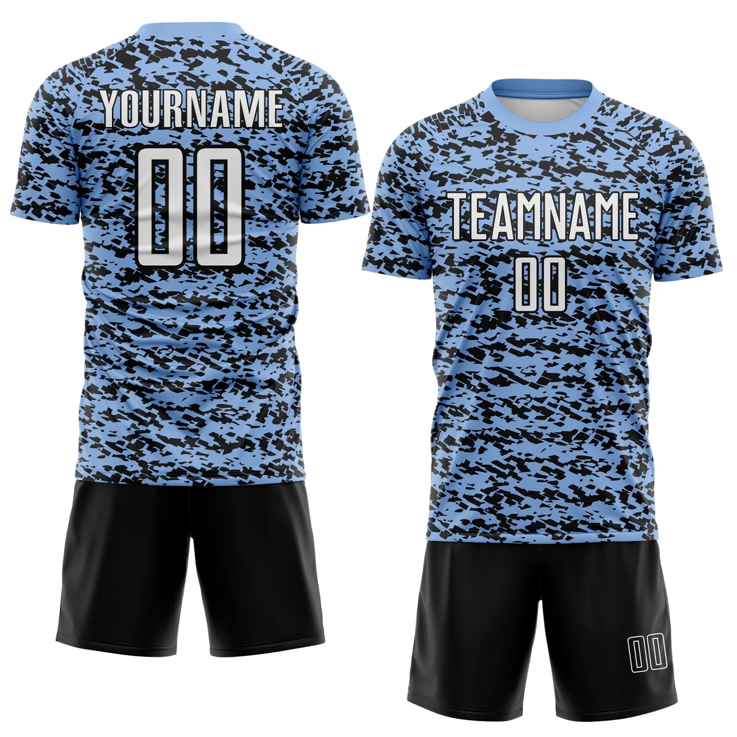 Custom Light Blue-Black Geometric Fragment Splatter Sublimation Soccer Uniform Jersey view 2