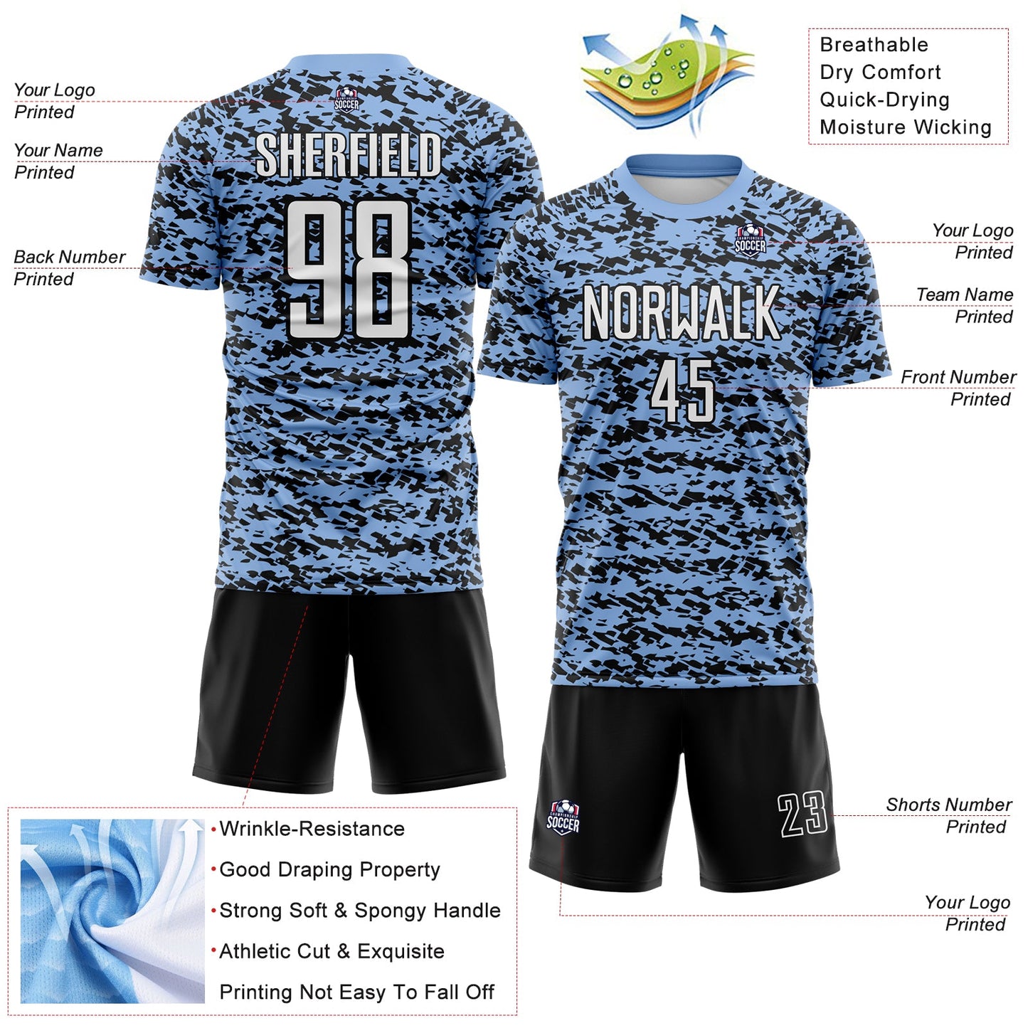 Custom Light Blue-Black Geometric Fragment Splatter Sublimation Soccer Uniform Jersey view 4