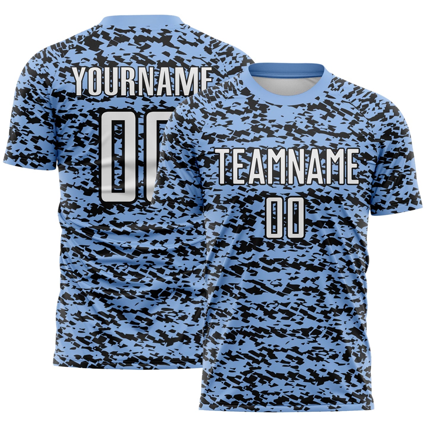 Custom Light Blue-Black Geometric Fragment Splatter Sublimation Soccer Uniform Jersey - Main View