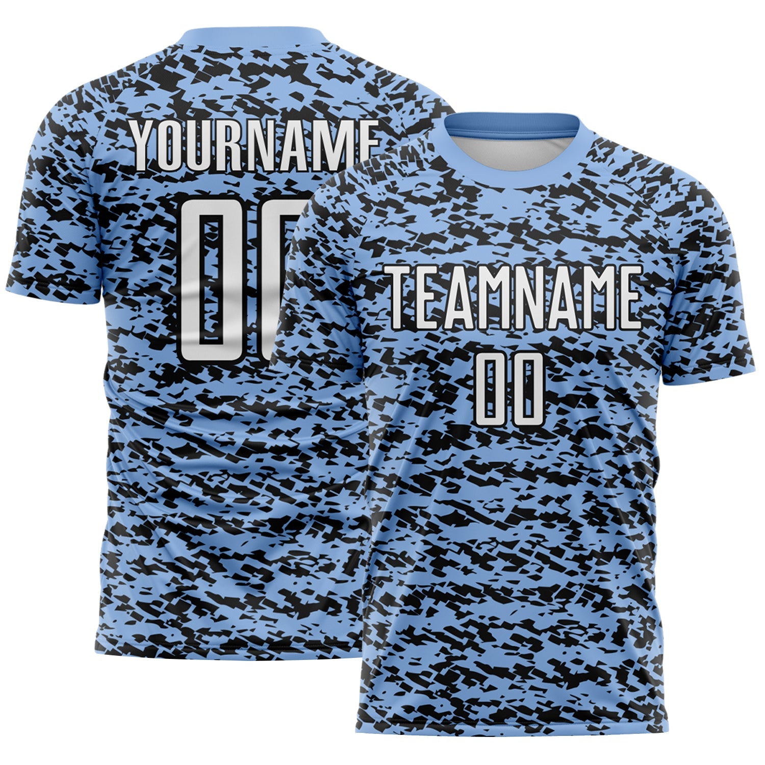Custom Light Blue-Black Geometric Fragment Splatter Sublimation Soccer Uniform Jersey - Main View