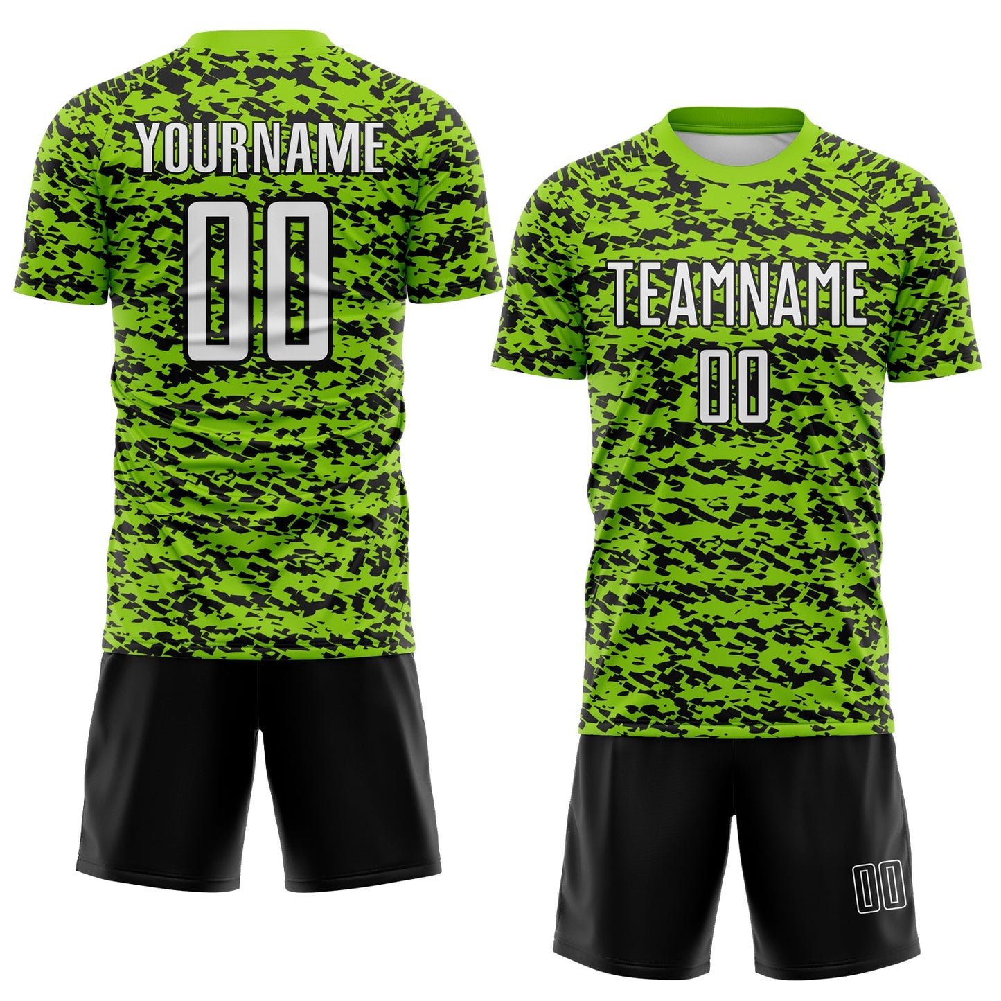Custom Neon Green-Black Geometric Fragment Splatter Sublimation Soccer Uniform Jersey view 2