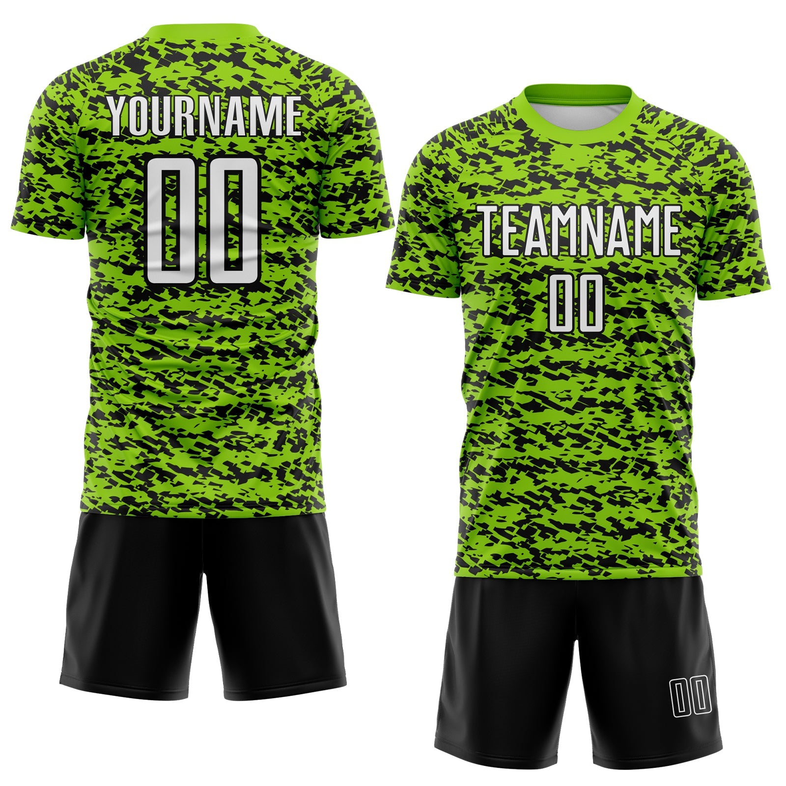 Custom Neon Green-Black Geometric Fragment Splatter Sublimation Soccer Uniform Jersey view 2
