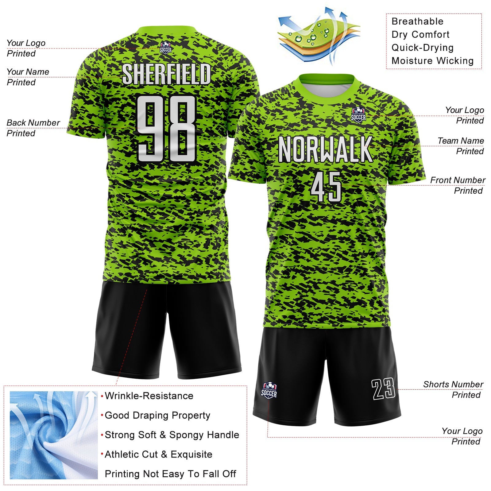 Custom Neon Green-Black Geometric Fragment Splatter Sublimation Soccer Uniform Jersey view 4