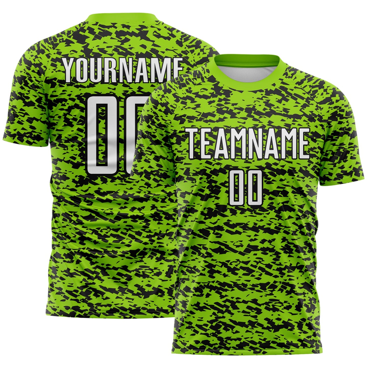 Custom Neon Green-Black Geometric Fragment Splatter Sublimation Soccer Uniform Jersey - Main View