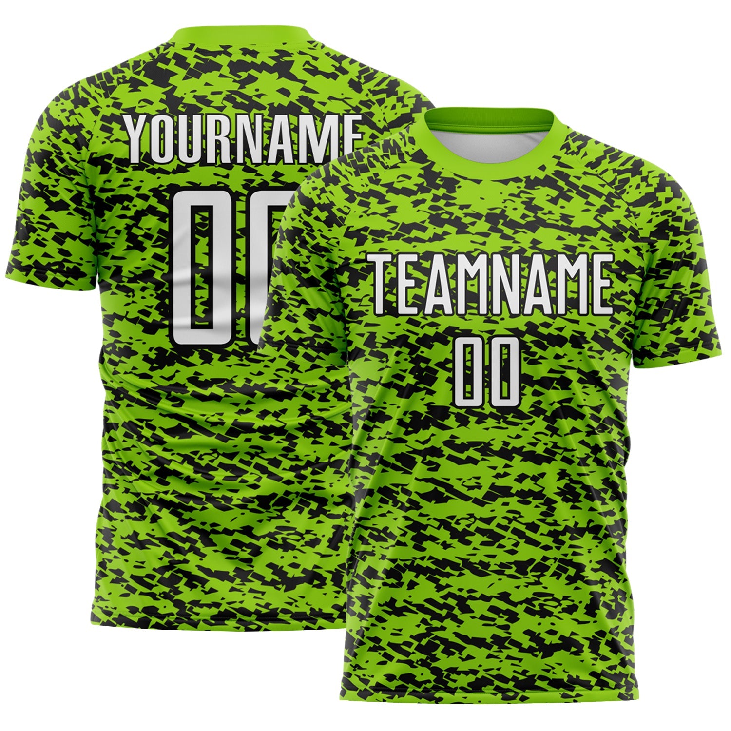 Custom Neon Green-Black Geometric Fragment Splatter Sublimation Soccer Uniform Jersey - Main View