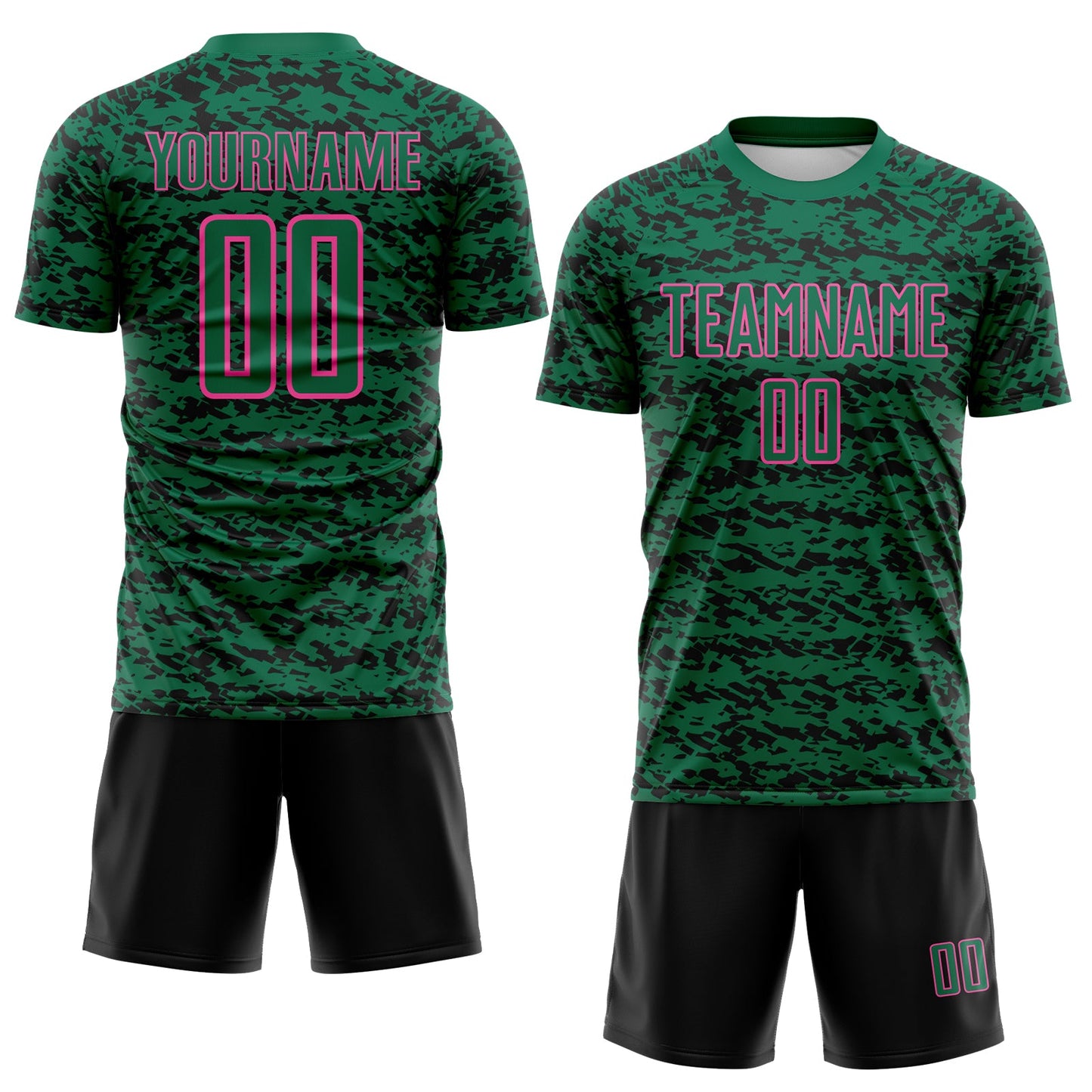 Custom Kelly Green Black-Pink Geometric Fragment Splatter Sublimation Soccer Uniform Jersey view 2