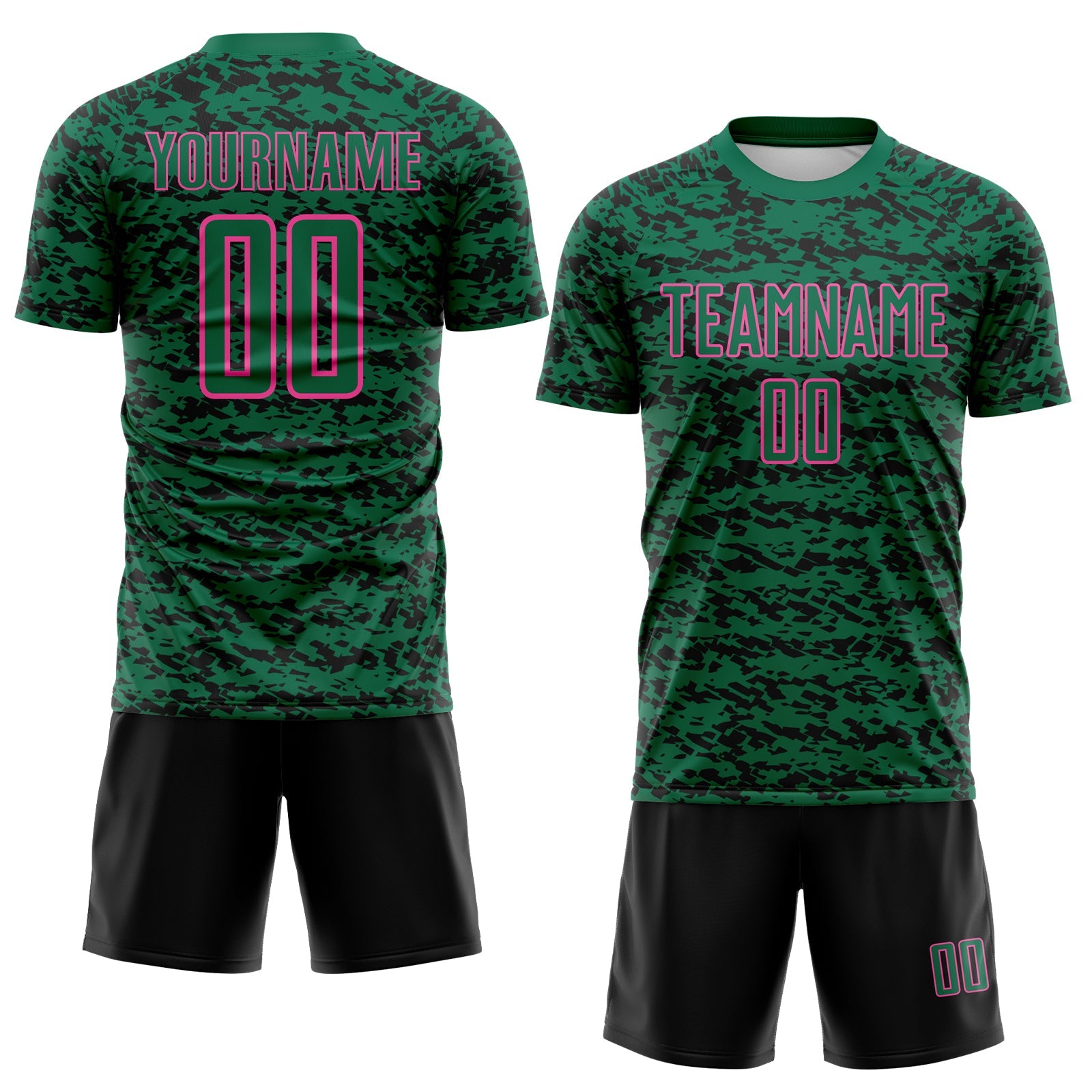 Custom Kelly Green Black-Pink Geometric Fragment Splatter Sublimation Soccer Uniform Jersey view 2