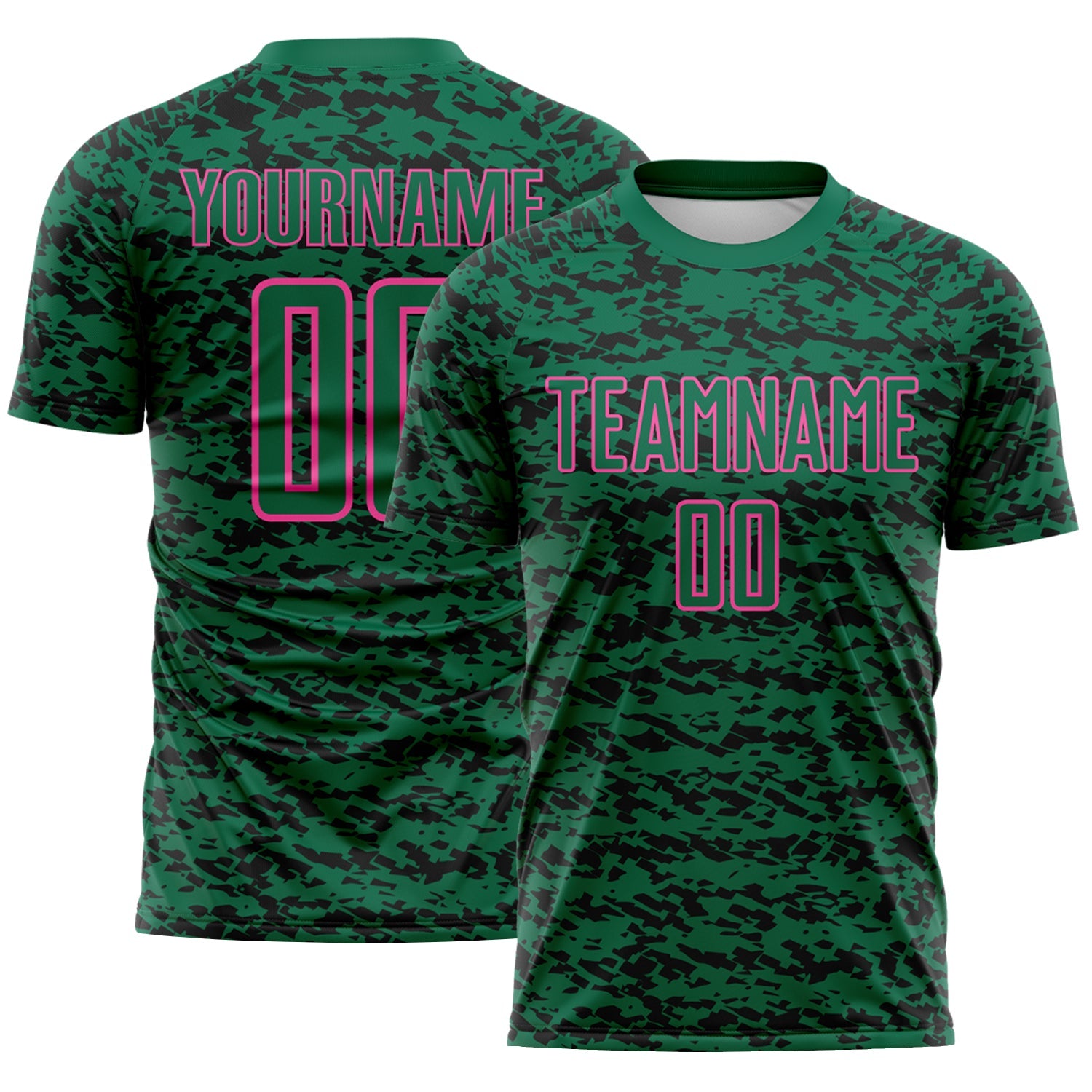 Custom Kelly Green Black-Pink Geometric Fragment Splatter Sublimation Soccer Uniform Jersey - Main View