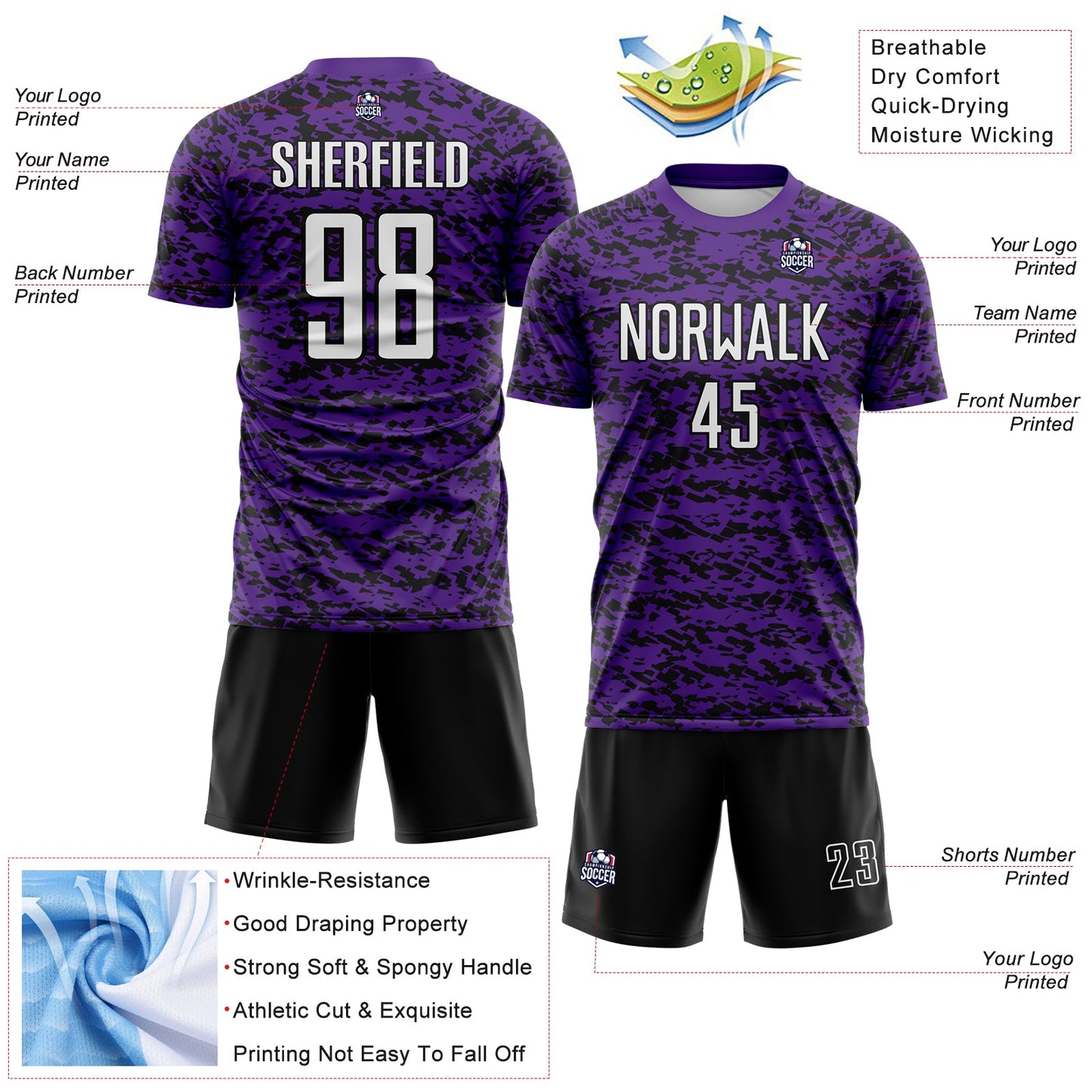 Custom Purple White-Black Geometric Fragment Splatter Sublimation Soccer Uniform Jersey view 4
