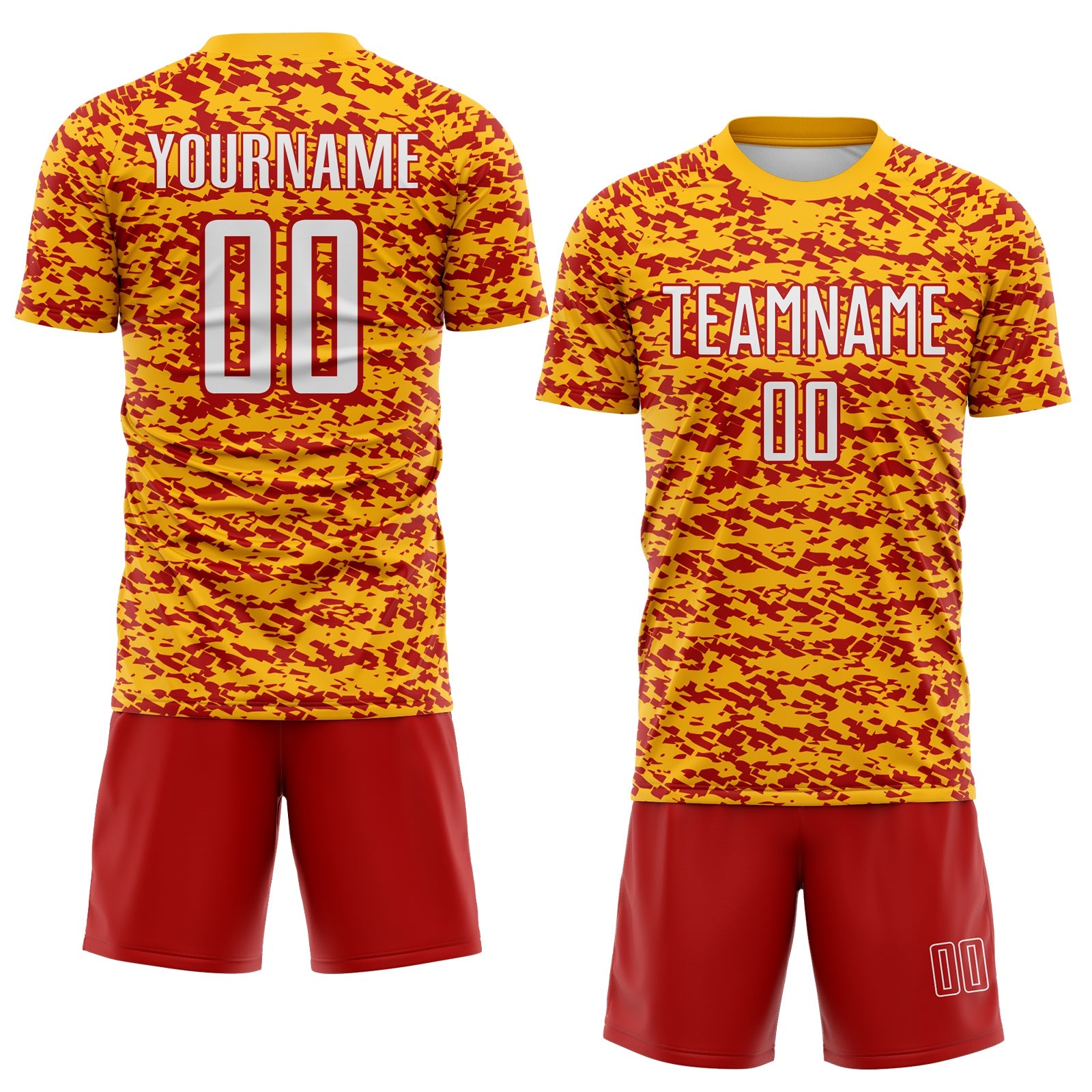 Custom Gold White-Red Geometric Fragment Splatter Sublimation Soccer Uniform Jersey view 2