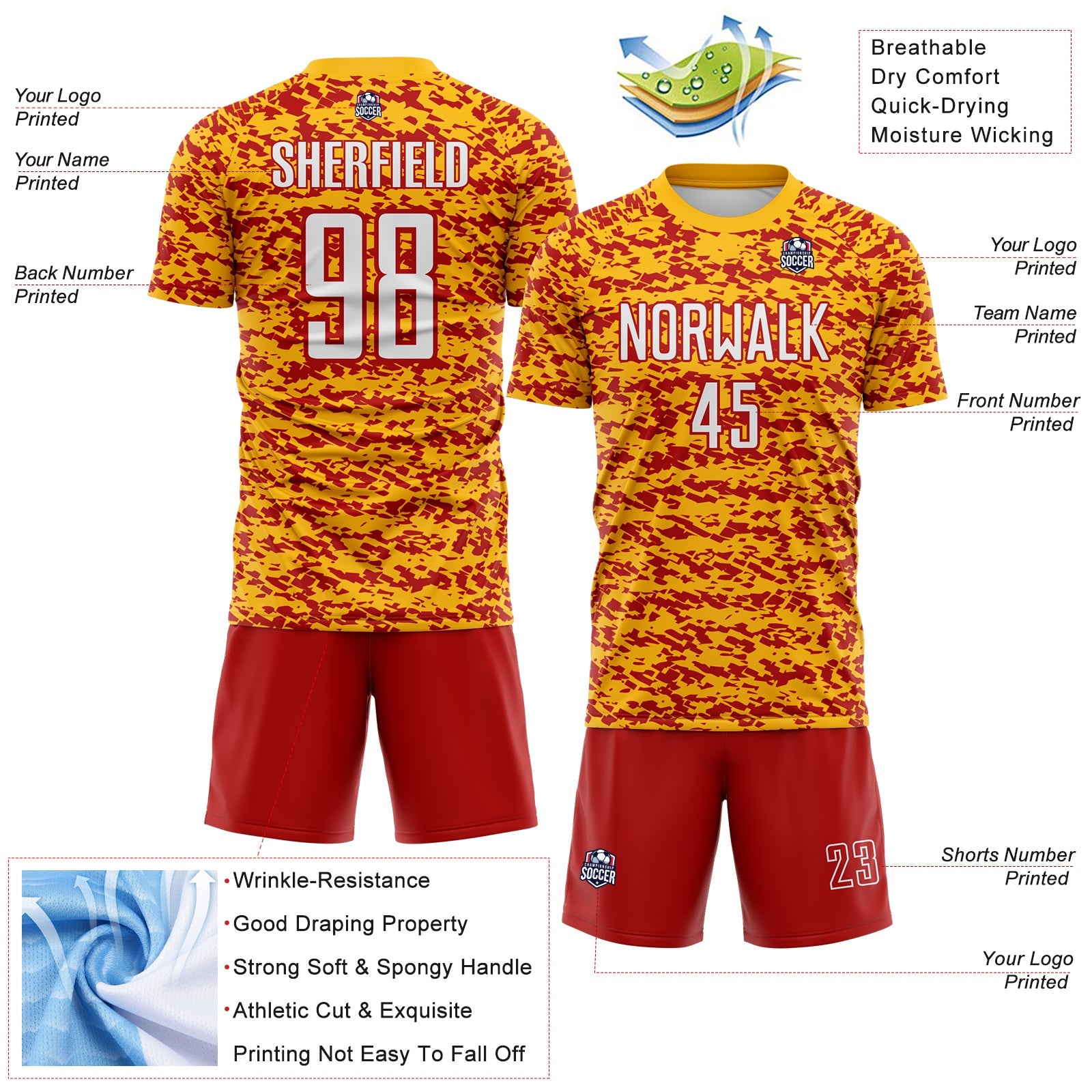Custom Gold White-Red Geometric Fragment Splatter Sublimation Soccer Uniform Jersey view 4