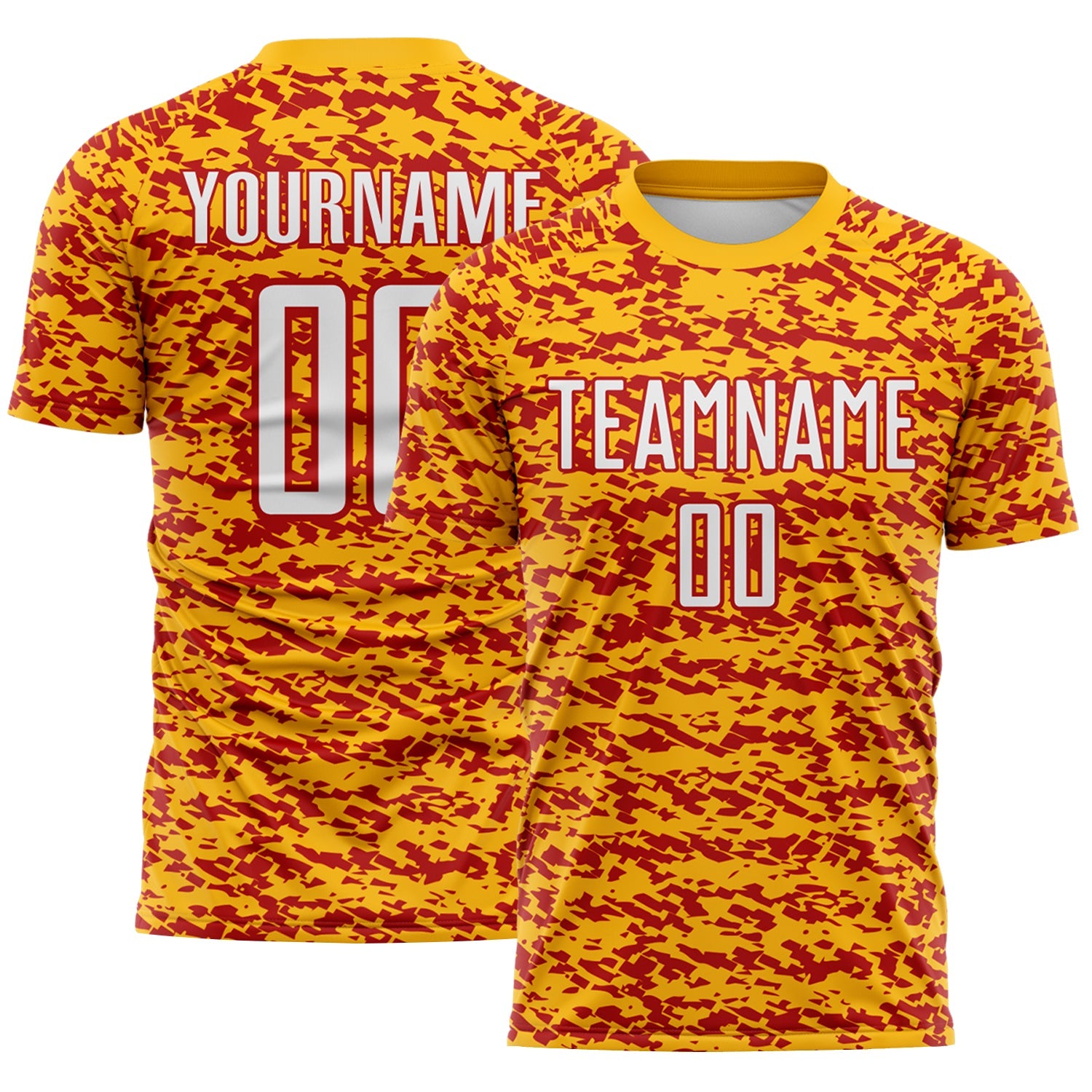 Custom Gold White-Red Geometric Fragment Splatter Sublimation Soccer Uniform Jersey - Main View