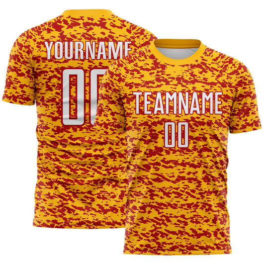 Custom Gold White-Red Geometric Fragment Splatter Sublimation Soccer Uniform Jersey - Main View