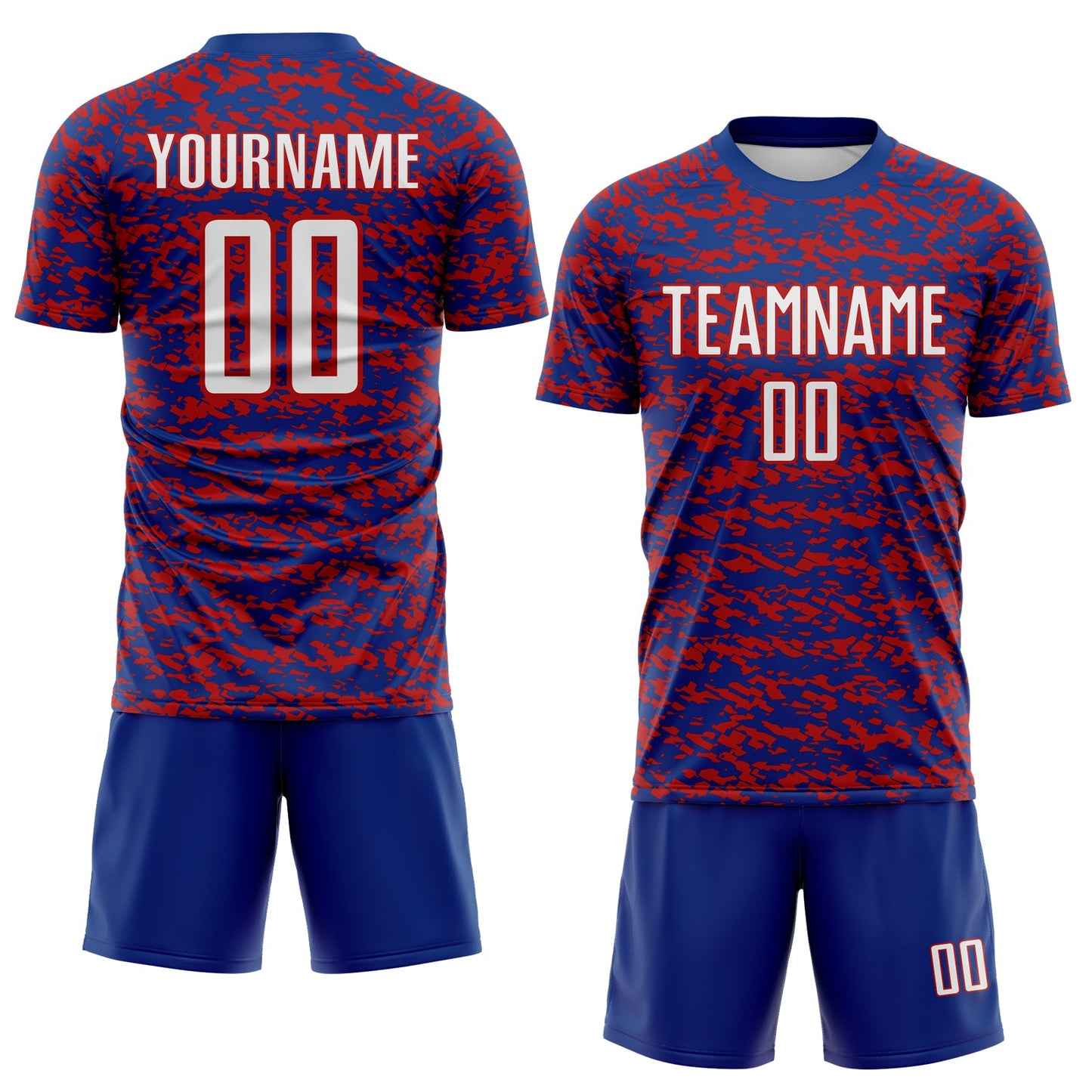 Custom Royal White-Red Geometric Fragment Splatter Sublimation Soccer Uniform Jersey view 2