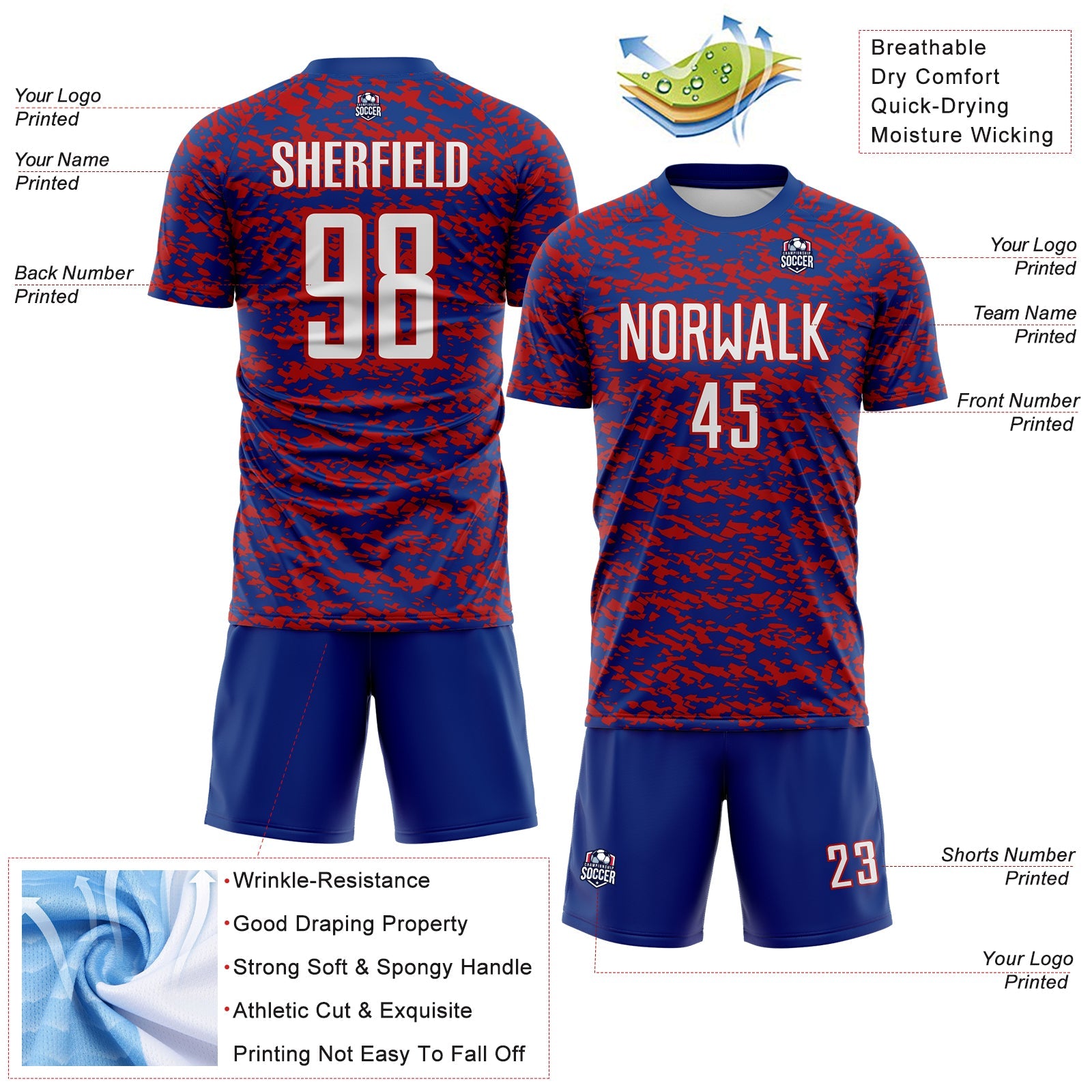 Custom Royal White-Red Geometric Fragment Splatter Sublimation Soccer Uniform Jersey view 4
