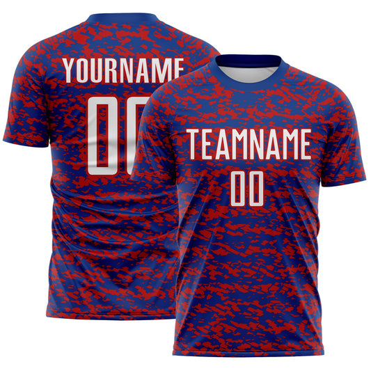 Custom Royal White-Red Geometric Fragment Splatter Sublimation Soccer Uniform Jersey - Main View