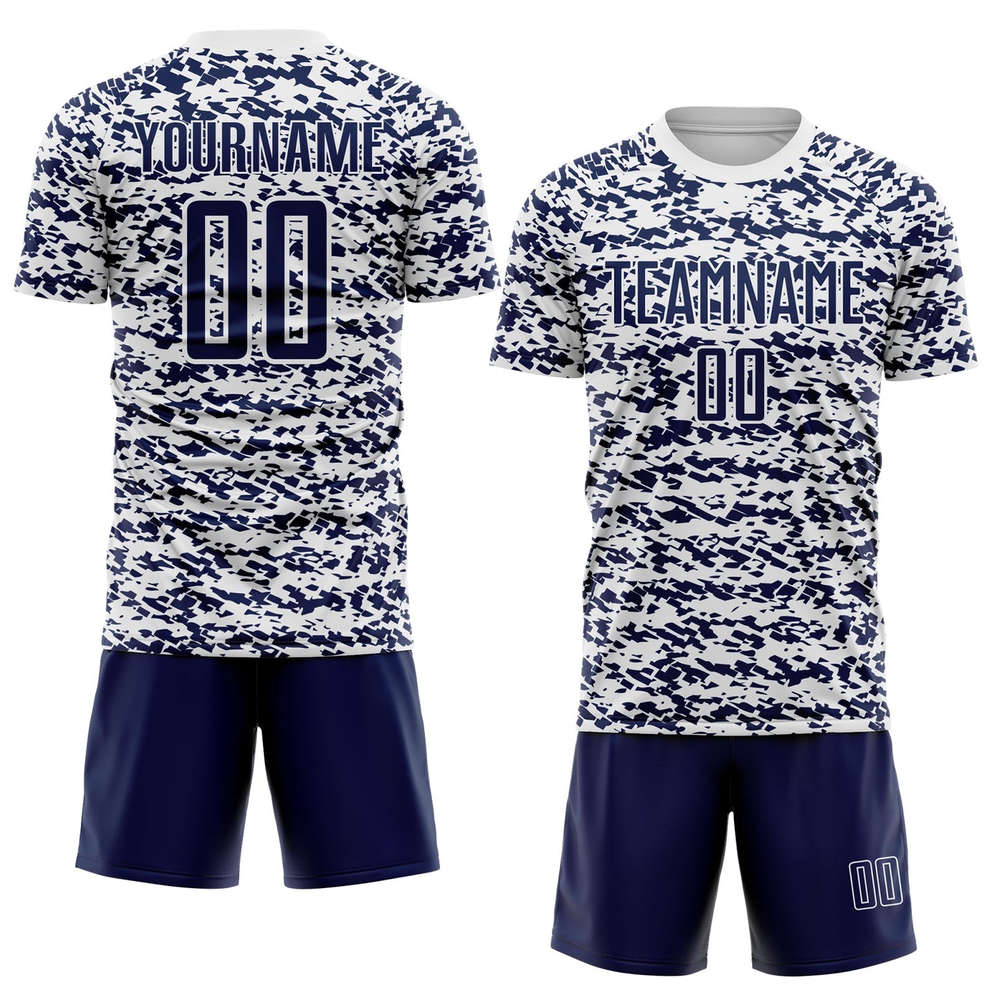 Custom White-Navy Geometric Fragment Splatter Sublimation Soccer Uniform Jersey view 2