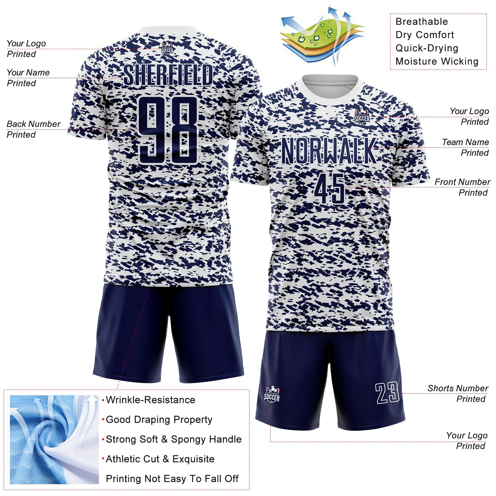 Custom White-Navy Geometric Fragment Splatter Sublimation Soccer Uniform Jersey view 4