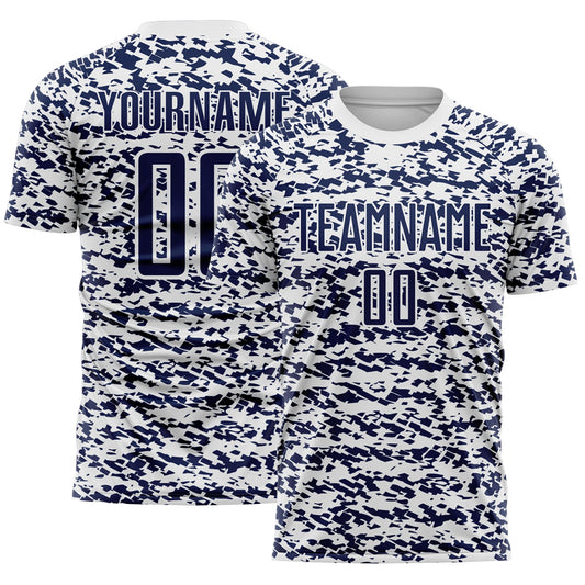 Custom White-Navy Geometric Fragment Splatter Sublimation Soccer Uniform Jersey - Main View