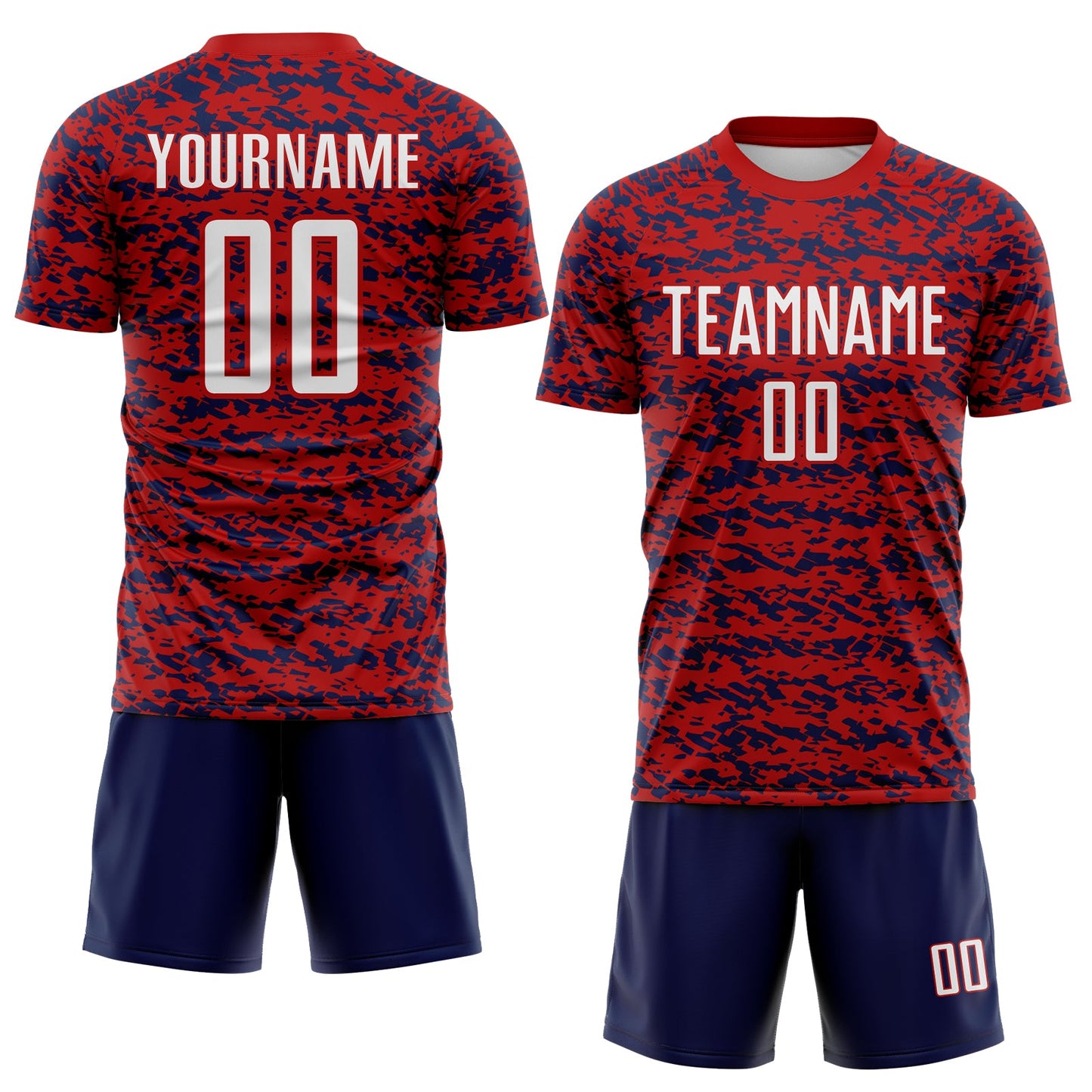 Custom Red White-Navy Geometric Fragment Splatter Sublimation Soccer Uniform Jersey view 2
