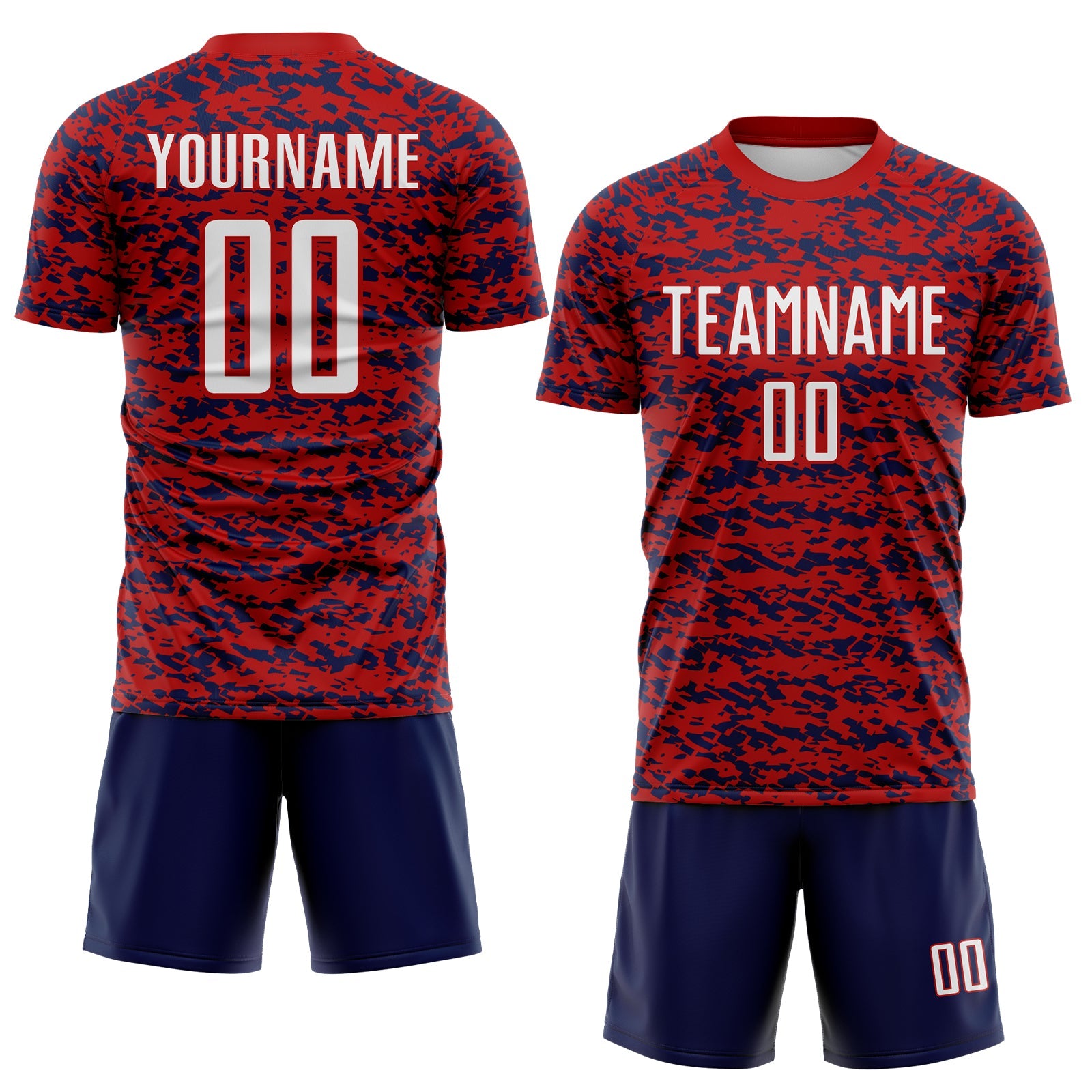 Custom Red White-Navy Geometric Fragment Splatter Sublimation Soccer Uniform Jersey view 2