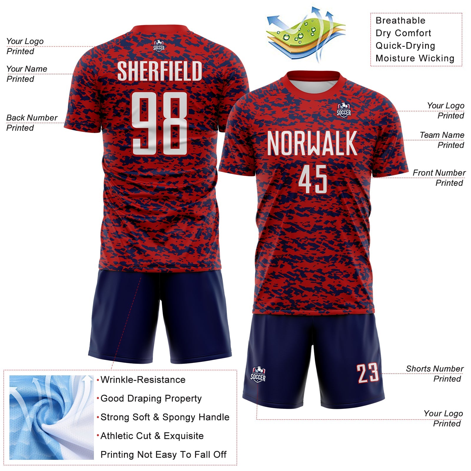 Custom Red White-Navy Geometric Fragment Splatter Sublimation Soccer Uniform Jersey view 4