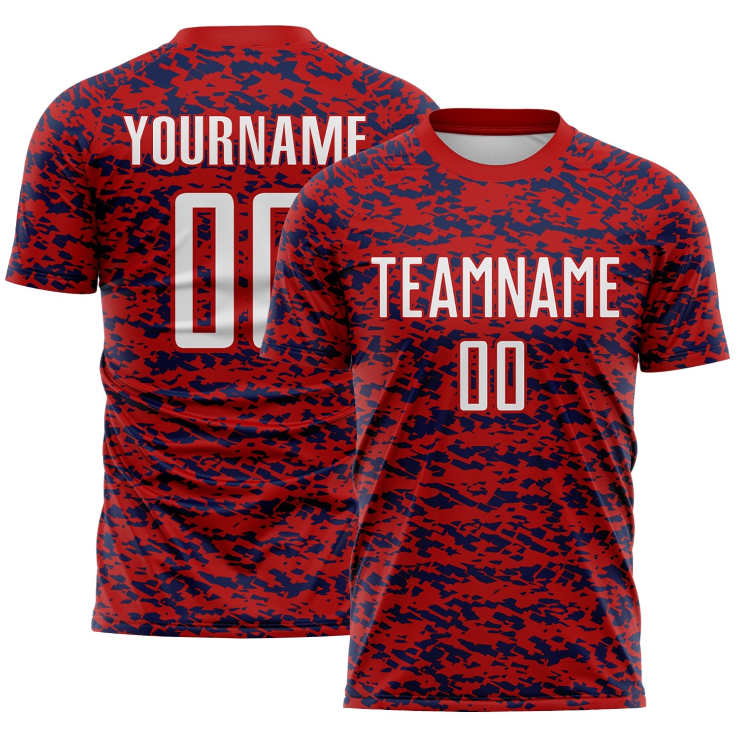 Custom Red White-Navy Geometric Fragment Splatter Sublimation Soccer Uniform Jersey - Main View
