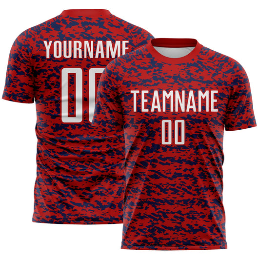 Custom Red White-Navy Geometric Fragment Splatter Sublimation Soccer Uniform Jersey - Main View