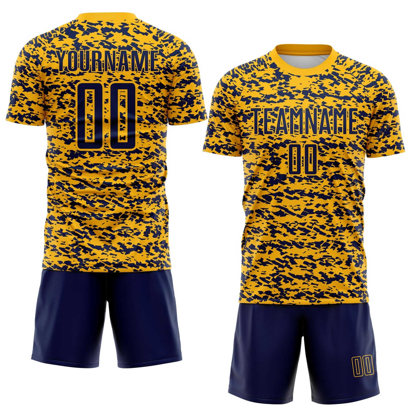 Custom Gold-Navy Geometric Fragment Splatter Sublimation Soccer Uniform Jersey view 2