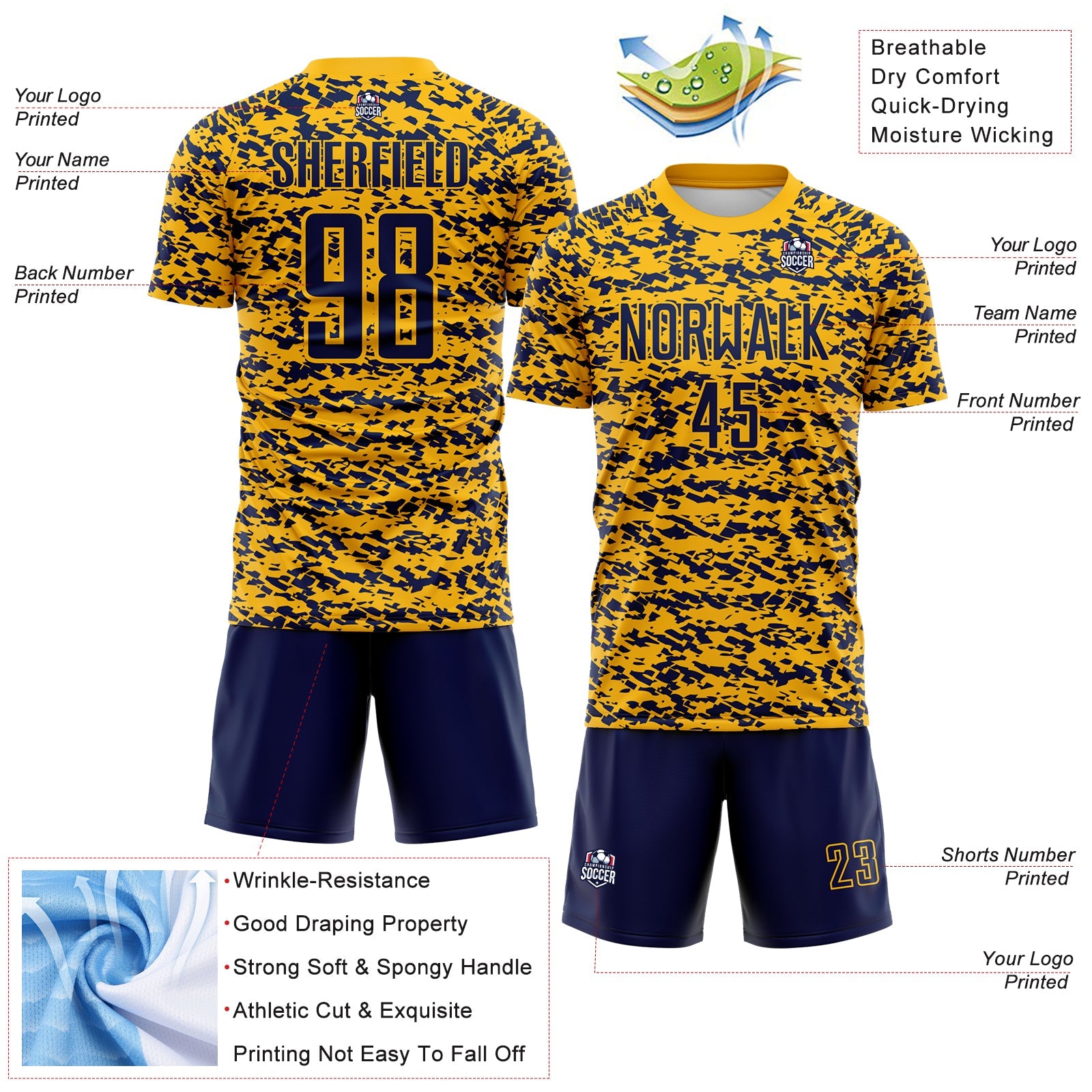 Custom Gold-Navy Geometric Fragment Splatter Sublimation Soccer Uniform Jersey view 4