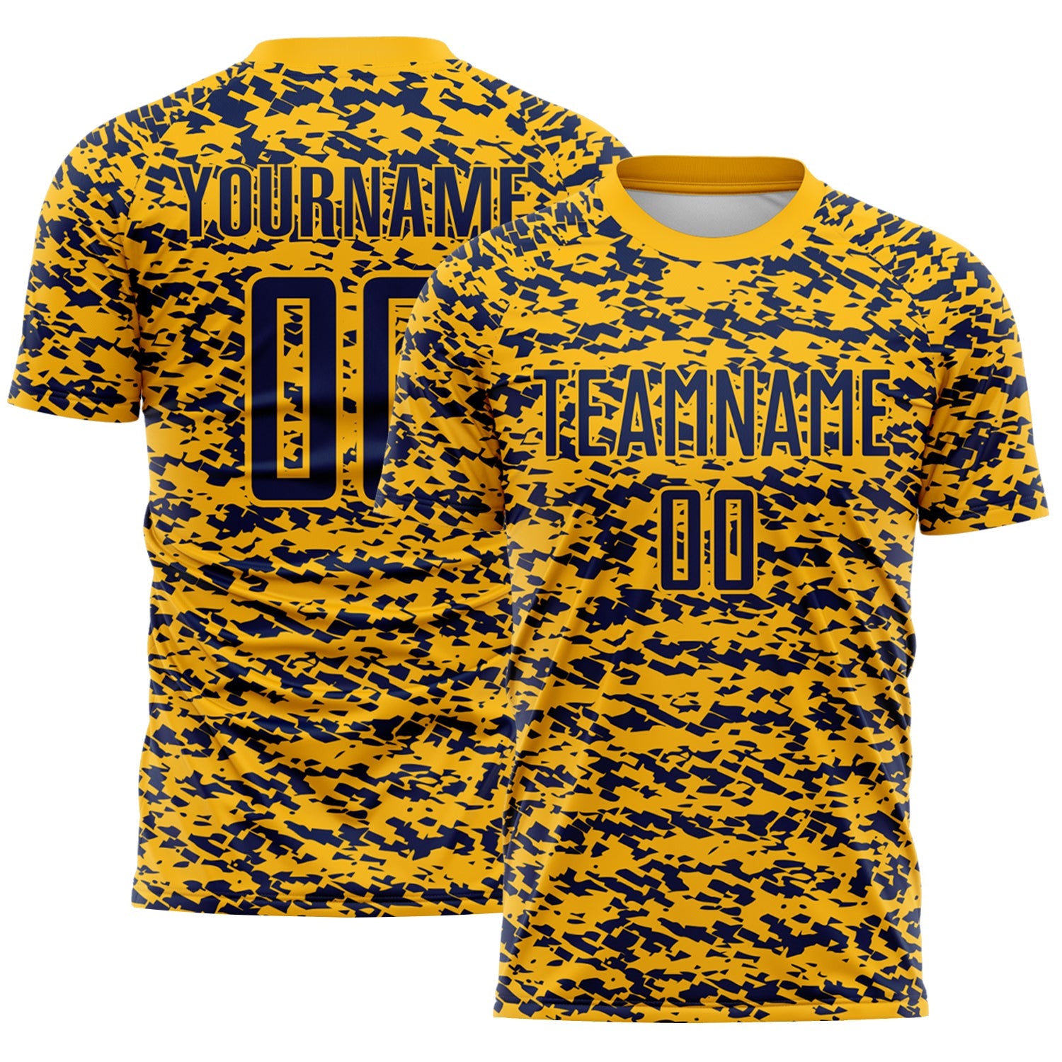 Custom Gold-Navy Geometric Fragment Splatter Sublimation Soccer Uniform Jersey - Main View