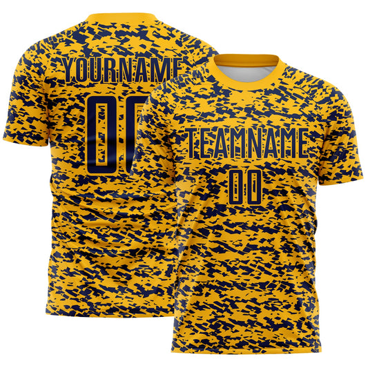 Custom Gold-Navy Geometric Fragment Splatter Sublimation Soccer Uniform Jersey - Main View