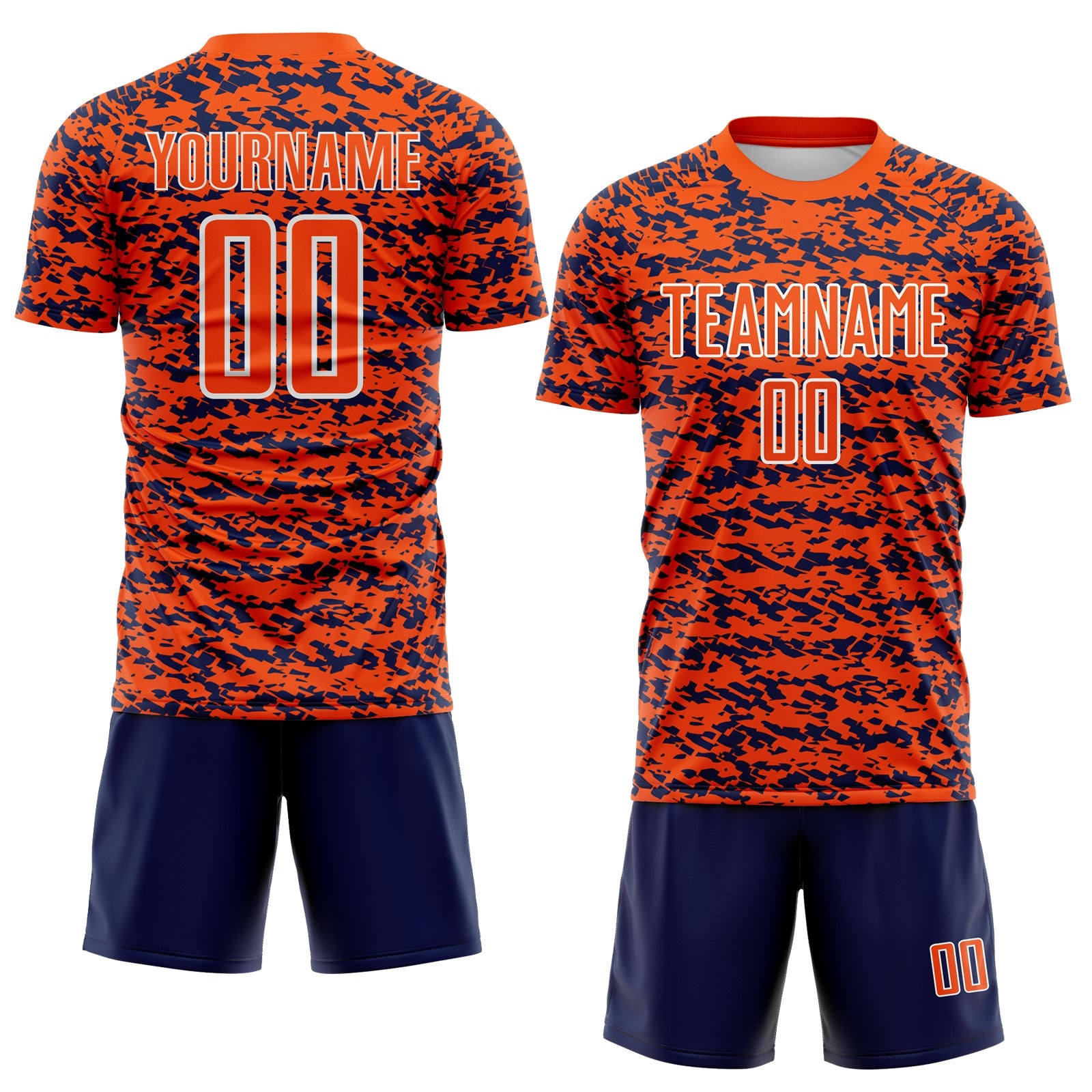 Custom Orange Navy-White Geometric Fragment Splatter Sublimation Soccer Uniform Jersey view 2