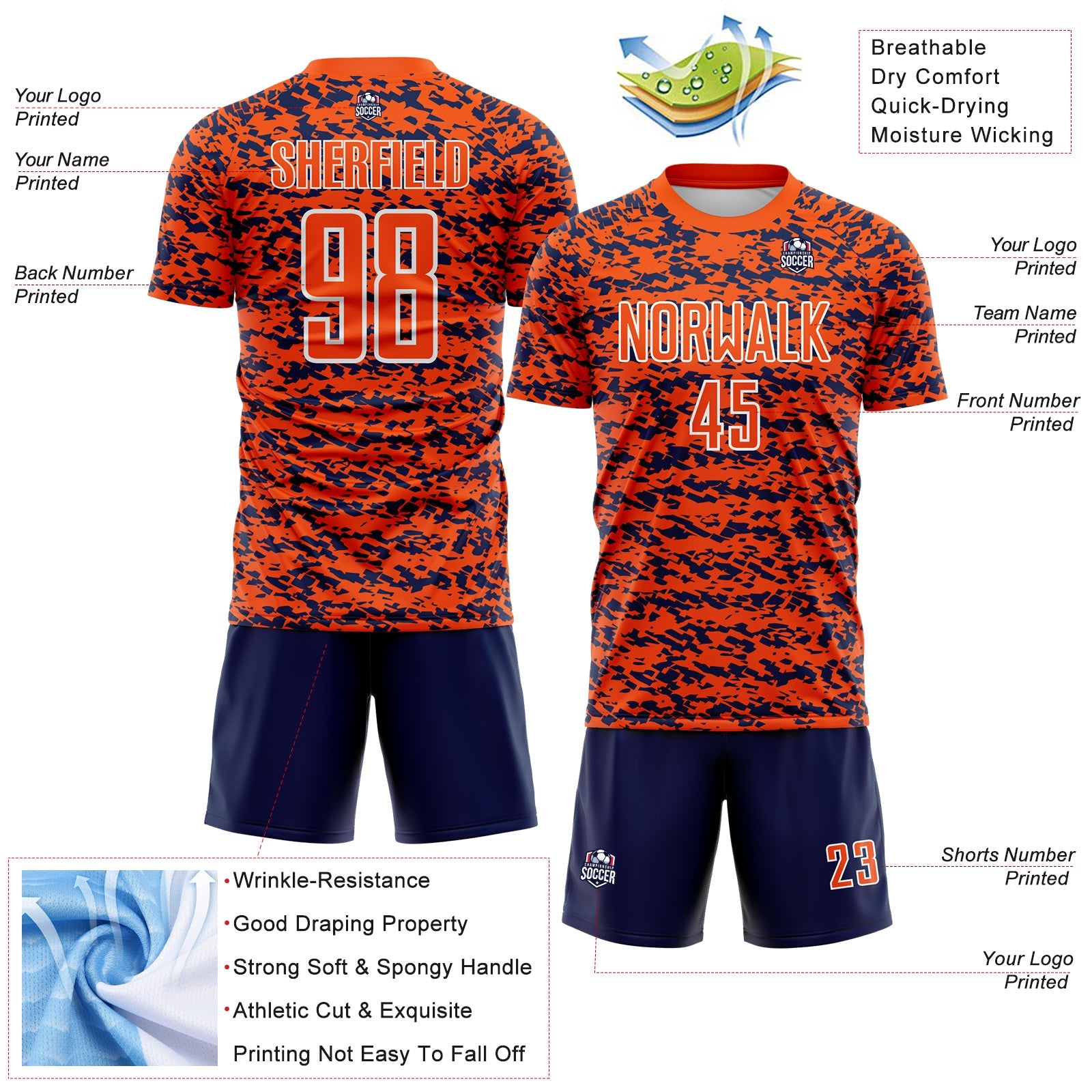 Custom Orange Navy-White Geometric Fragment Splatter Sublimation Soccer Uniform Jersey view 4