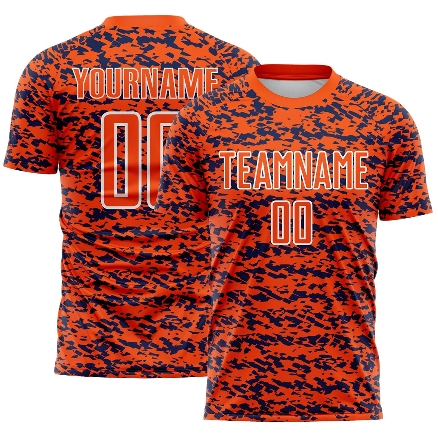 Custom Orange Navy-White Geometric Fragment Splatter Sublimation Soccer Uniform Jersey - Main View
